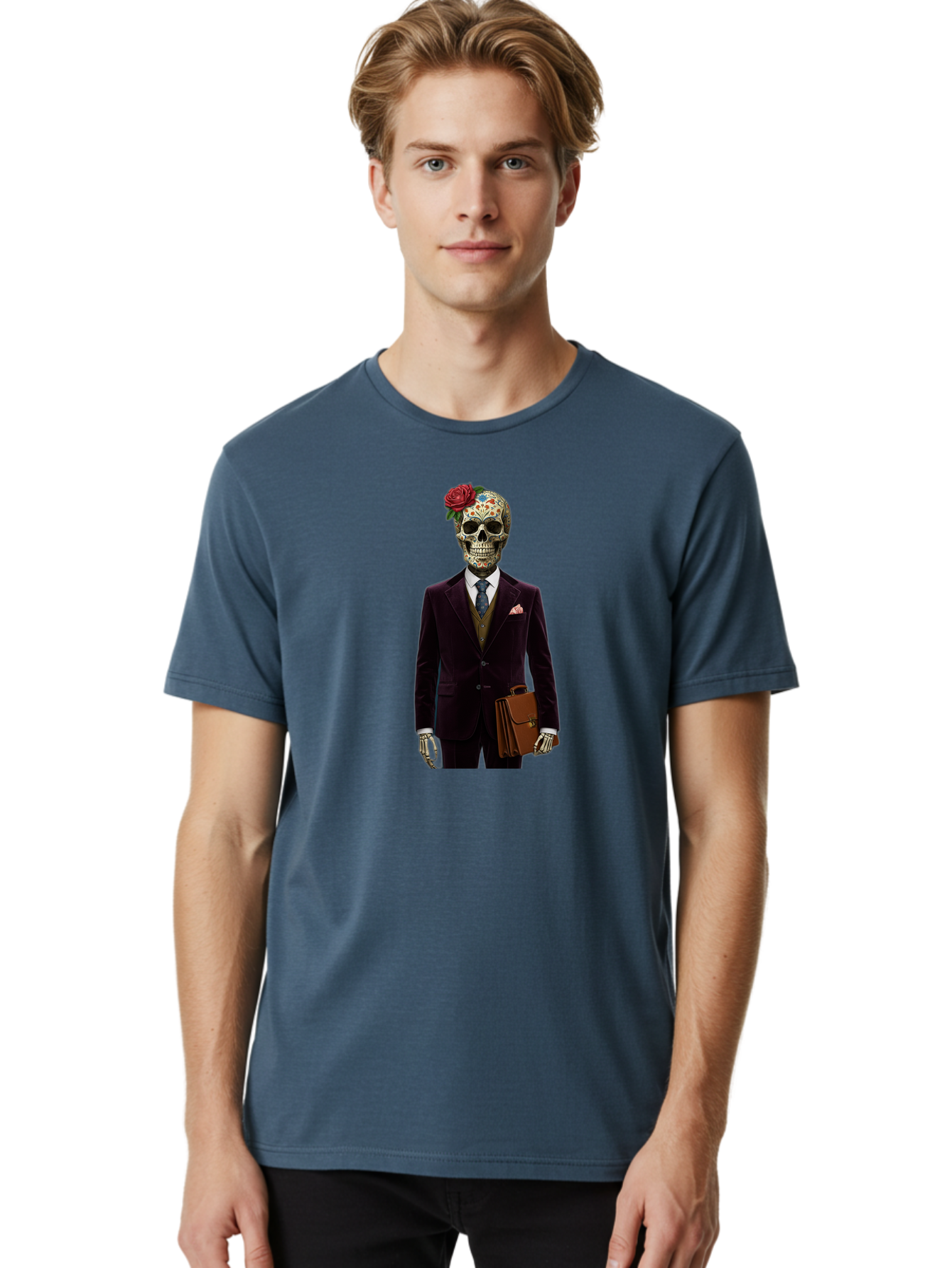 Sugar-Skull-Gentleman Men'S Graphic Tee, 100% Cotton, Comfortable Casual Summer Wear, Machine Washable, Sugar Skull, Businessman Attire, Formal Wear, Briefcase, Day Of The Dead, Colorful Skull, Decorated Skull, Skeleton Hand, Formal Suit, Bad784 17