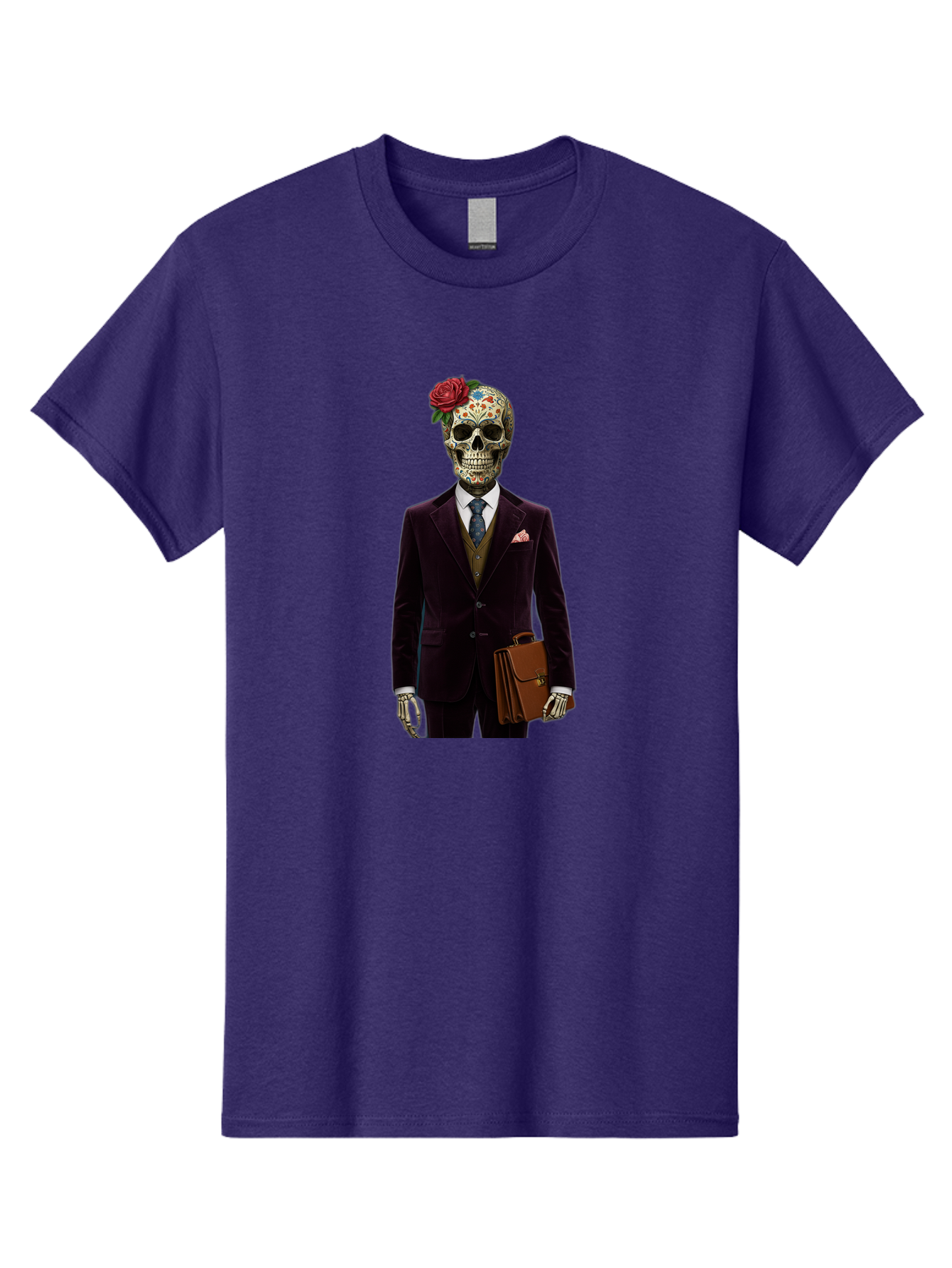 Sugar-Skull-Gentleman Men'S Graphic Tee, 100% Cotton, Comfortable Casual Summer Wear, Machine Washable, Sugar Skull, Businessman Attire, Formal Wear, Briefcase, Day Of The Dead, Colorful Skull, Decorated Skull, Skeleton Hand, Formal Suit, Bad784 8
