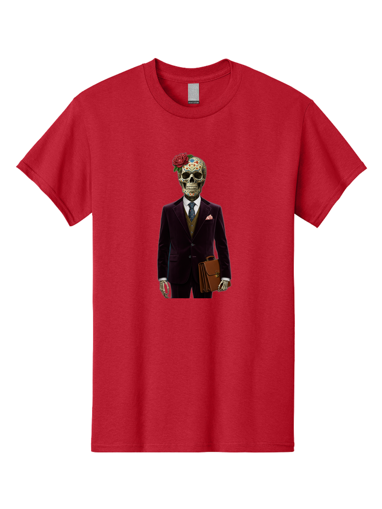 Sugar-Skull-Gentleman Men'S Graphic Tee, 100% Cotton, Comfortable Casual Summer Wear, Machine Washable, Sugar Skull, Businessman Attire, Formal Wear, Briefcase, Day Of The Dead, Colorful Skull, Decorated Skull, Skeleton Hand, Formal Suit, Bad784 4