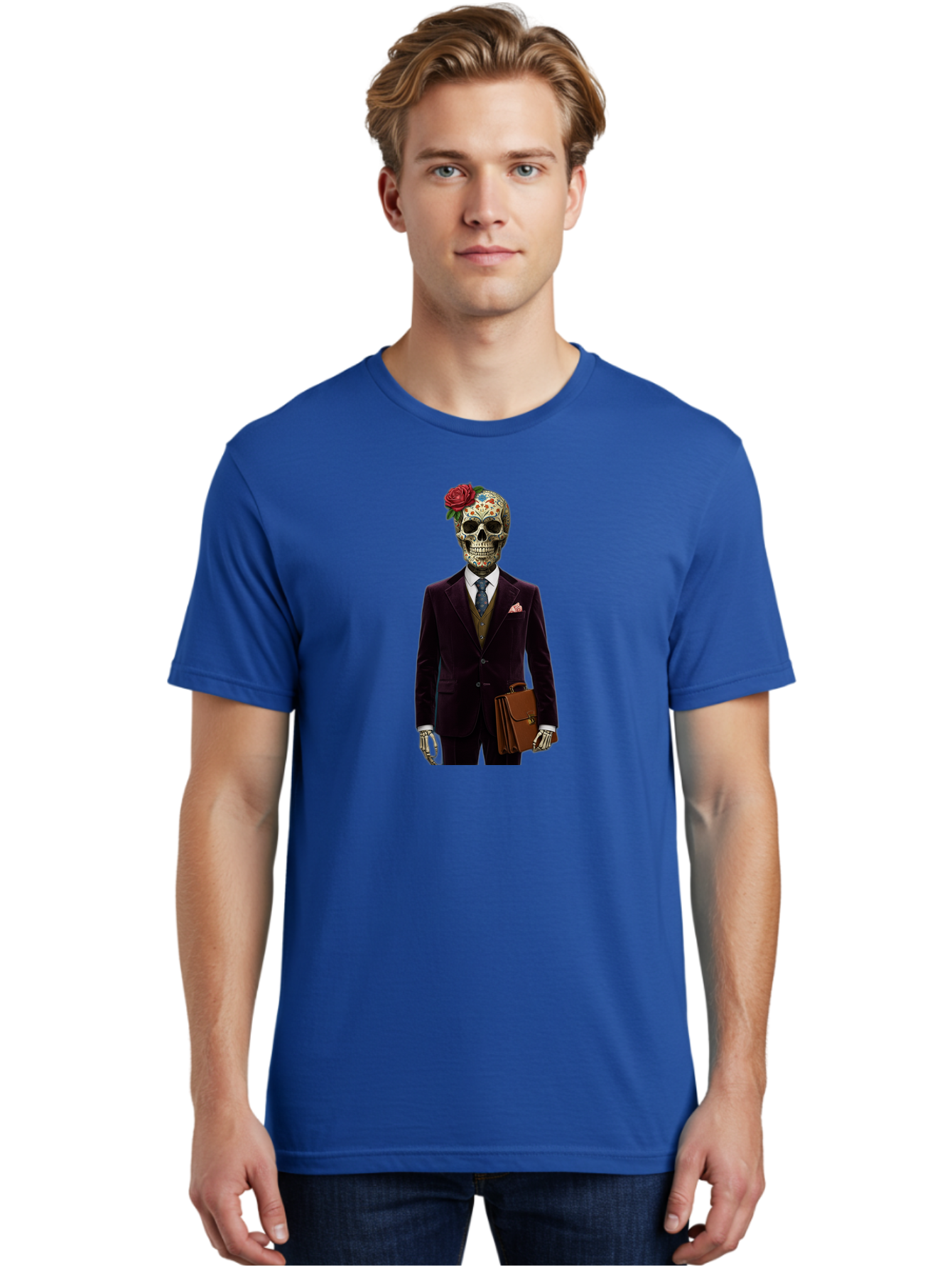 Sugar-Skull-Gentleman Men'S Graphic Tee, 100% Cotton, Comfortable Casual Summer Wear, Machine Washable, Sugar Skull, Businessman Attire, Formal Wear, Briefcase, Day Of The Dead, Colorful Skull, Decorated Skull, Skeleton Hand, Formal Suit, Bad784 28
