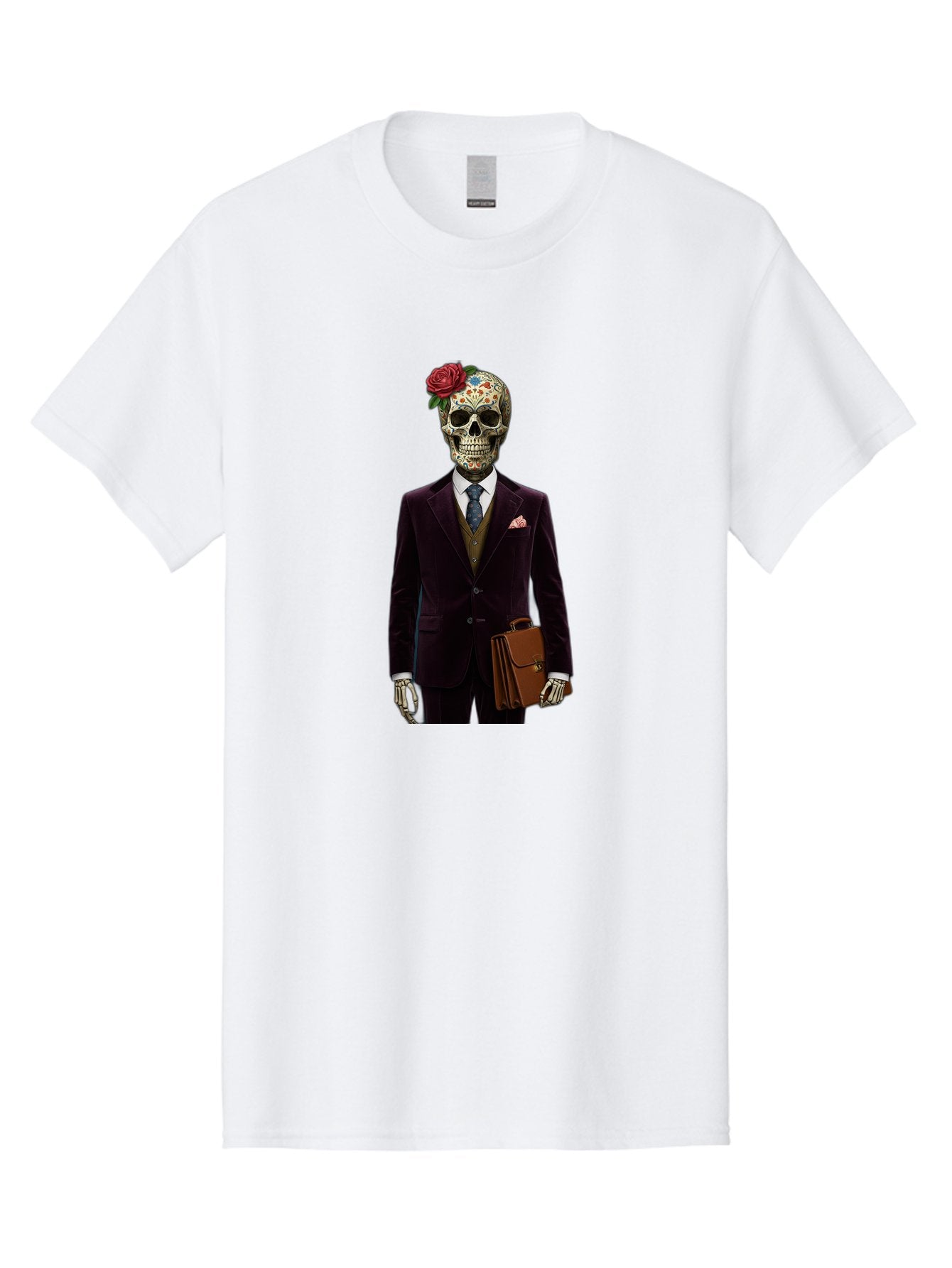 Sugar-Skull-Gentleman Men'S Graphic Tee, 100% Cotton, Comfortable Casual Summer Wear, Machine Washable, Sugar Skull, Businessman Attire, Formal Wear, Briefcase, Day Of The Dead, Colorful Skull, Decorated Skull, Skeleton Hand, Formal Suit, Bad784 9