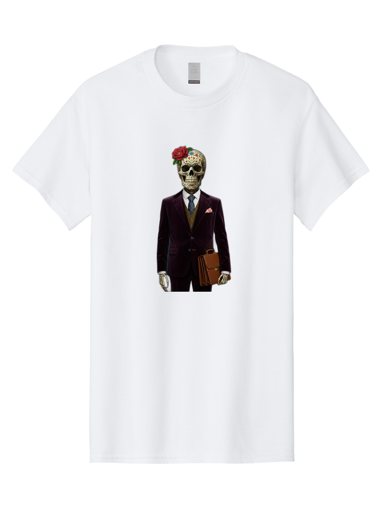 Sugar-Skull-Gentleman Men'S Graphic Tee, 100% Cotton, Comfortable Casual Summer Wear, Machine Washable, Sugar Skull, Businessman Attire, Formal Wear, Briefcase, Day Of The Dead, Colorful Skull, Decorated Skull, Skeleton Hand, Formal Suit, Bad784 5