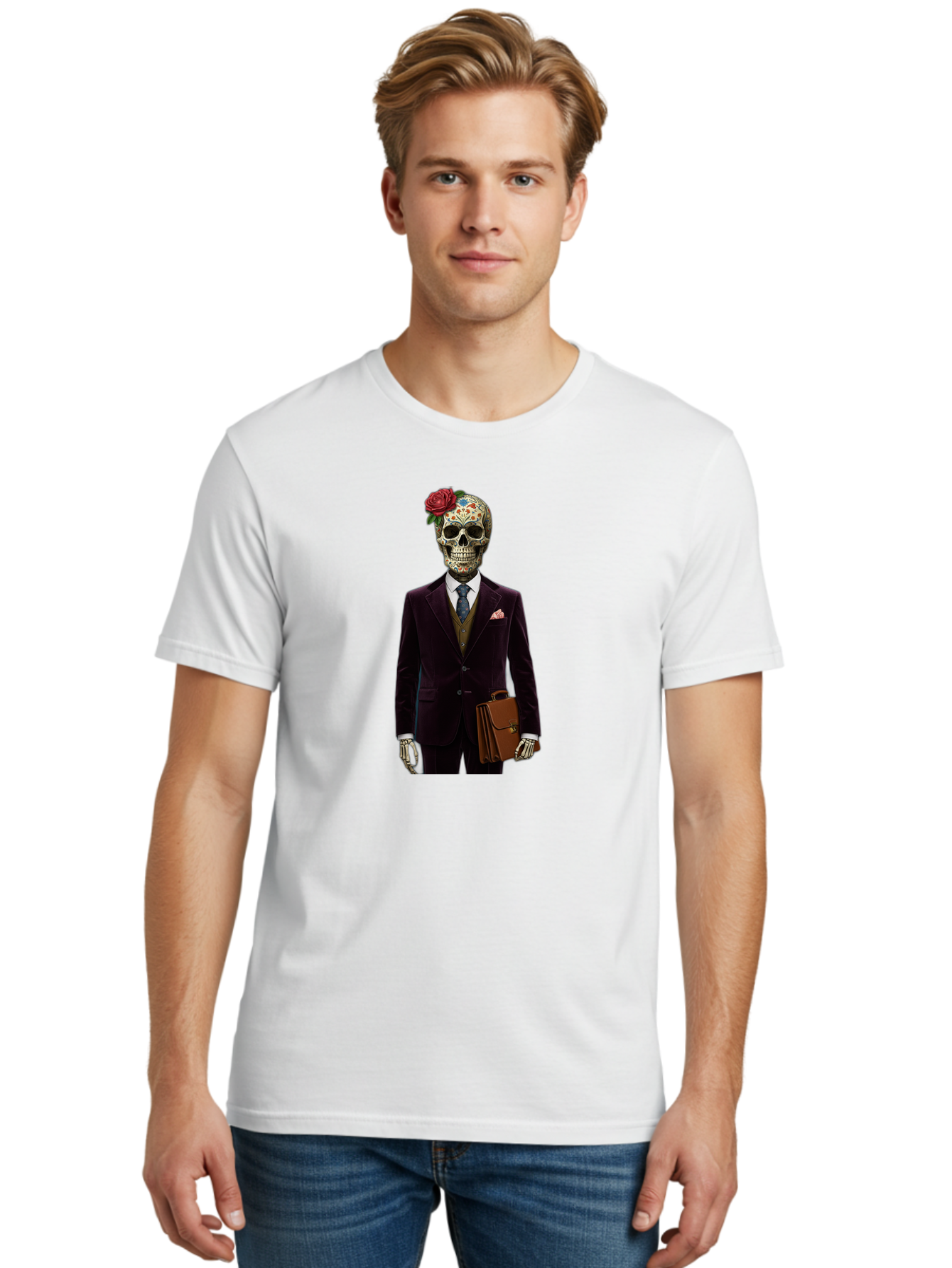Sugar-Skull-Gentleman Men'S Graphic Tee, 100% Cotton, Comfortable Casual Summer Wear, Machine Washable, Sugar Skull, Businessman Attire, Formal Wear, Briefcase, Day Of The Dead, Colorful Skull, Decorated Skull, Skeleton Hand, Formal Suit, Bad784 20