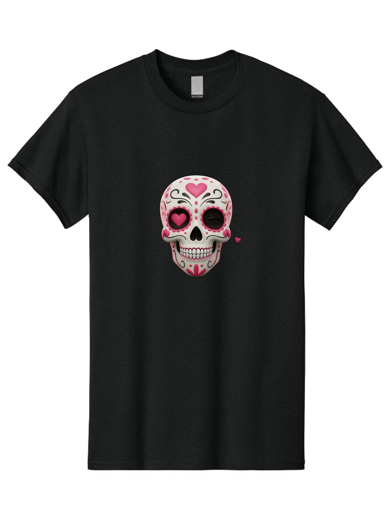 Sugar-Skull-Heart-Eyes Men'S Graphic Tee, 100% Cotton, Comfortable Casual Summer Wear, Machine Washable, Sugar Skull, Day Of The Dead, Pink Hearts, Floral Patterns, Black Swirls, Vibrant Colors, Festive Design, Intricate Details, Bad785 8