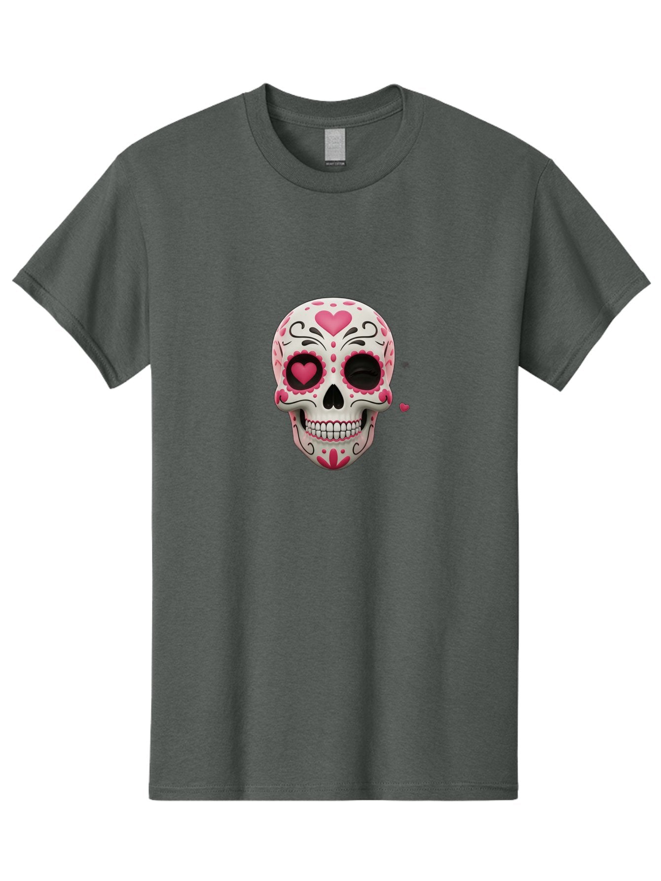 Sugar-Skull-Heart-Eyes Men'S Graphic Tee, 100% Cotton, Comfortable Casual Summer Wear, Machine Washable, Sugar Skull, Day Of The Dead, Pink Hearts, Floral Patterns, Black Swirls, Vibrant Colors, Festive Design, Intricate Details, Bad785 12