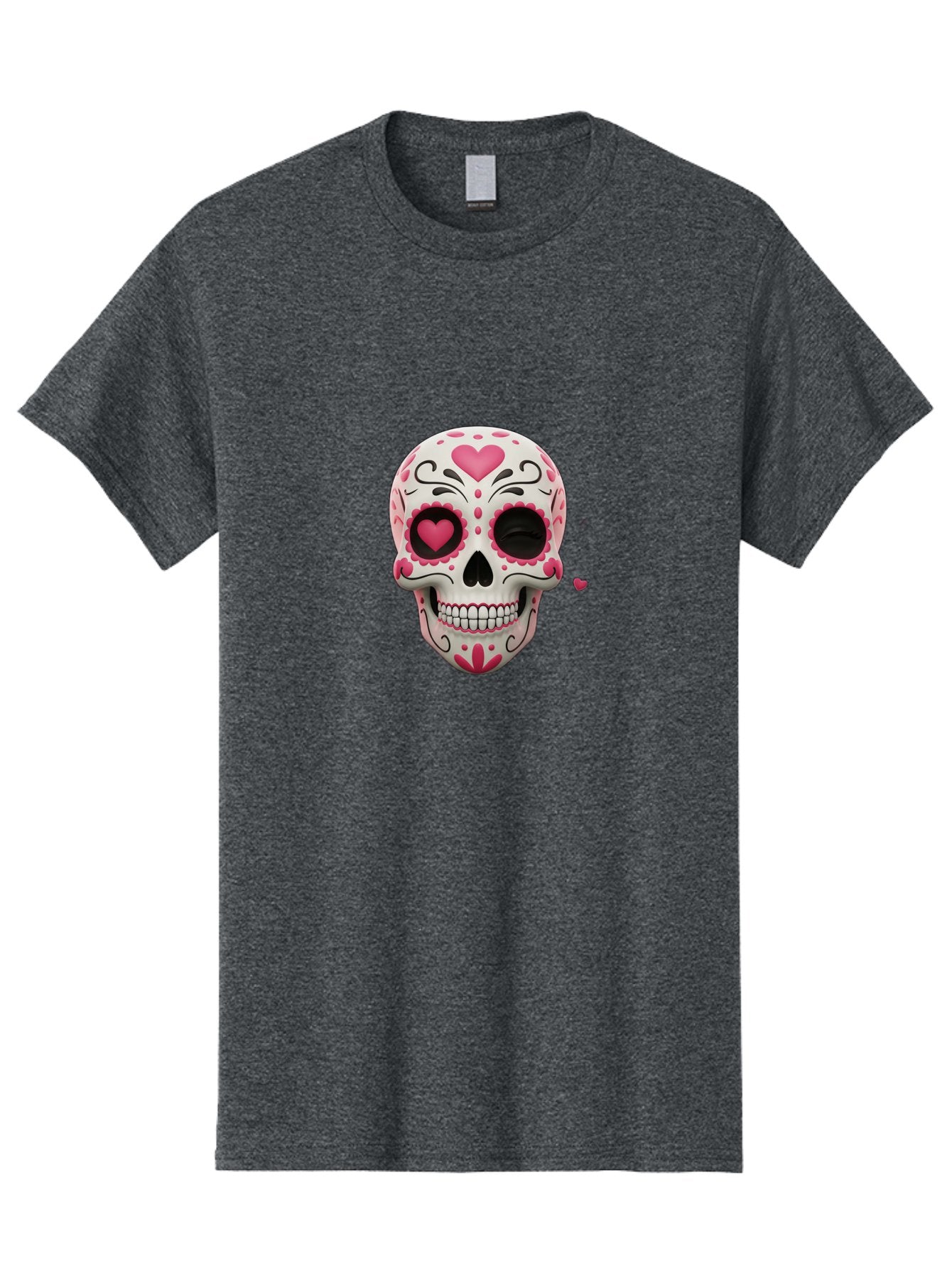 Sugar-Skull-Heart-Eyes Men'S Graphic Tee, 100% Cotton, Comfortable Casual Summer Wear, Machine Washable, Sugar Skull, Day Of The Dead, Pink Hearts, Floral Patterns, Black Swirls, Vibrant Colors, Festive Design, Intricate Details, Bad785 10