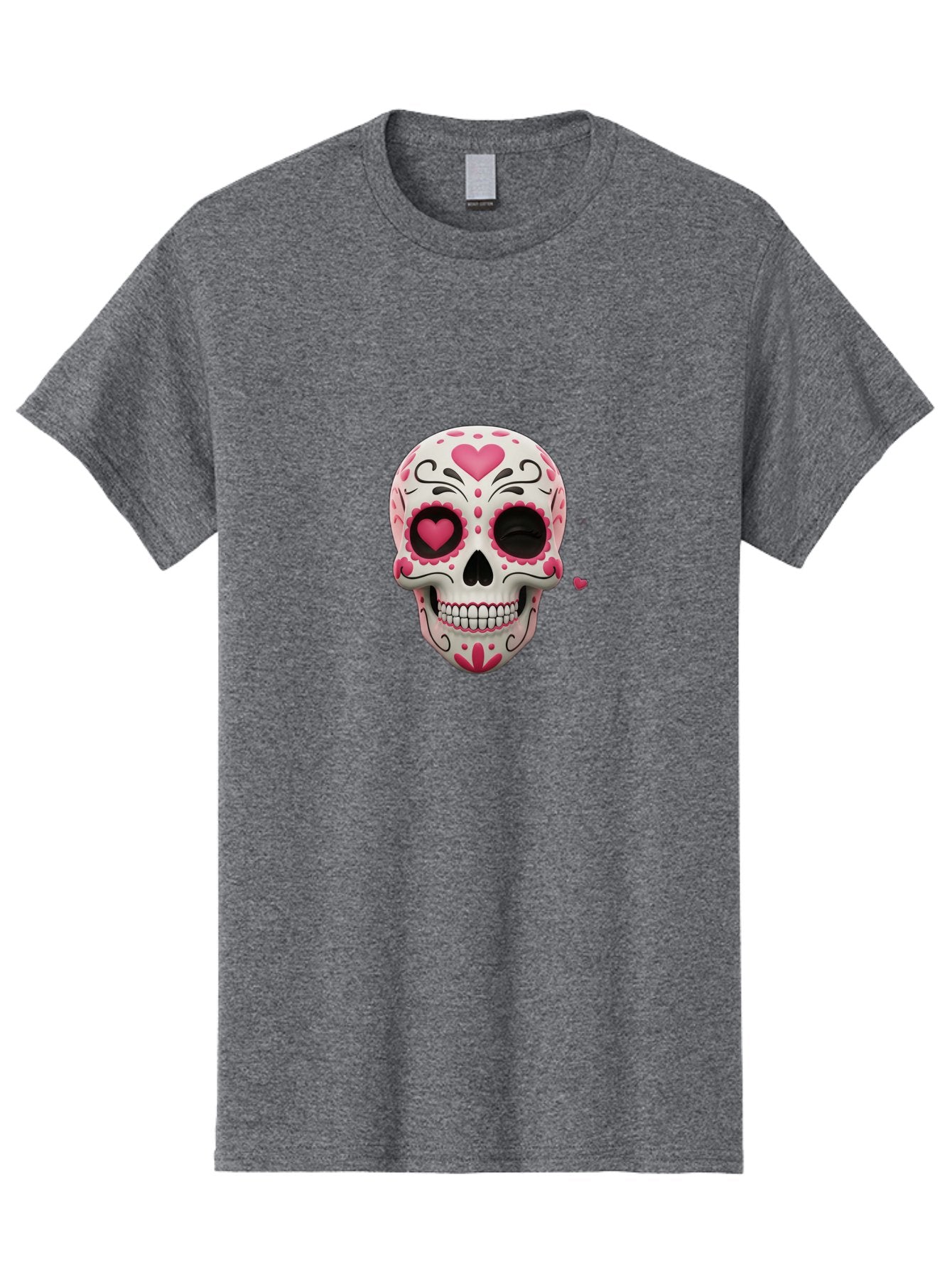 Sugar-Skull-Heart-Eyes Men'S Graphic Tee, 100% Cotton, Comfortable Casual Summer Wear, Machine Washable, Sugar Skull, Day Of The Dead, Pink Hearts, Floral Patterns, Black Swirls, Vibrant Colors, Festive Design, Intricate Details, Bad785 13