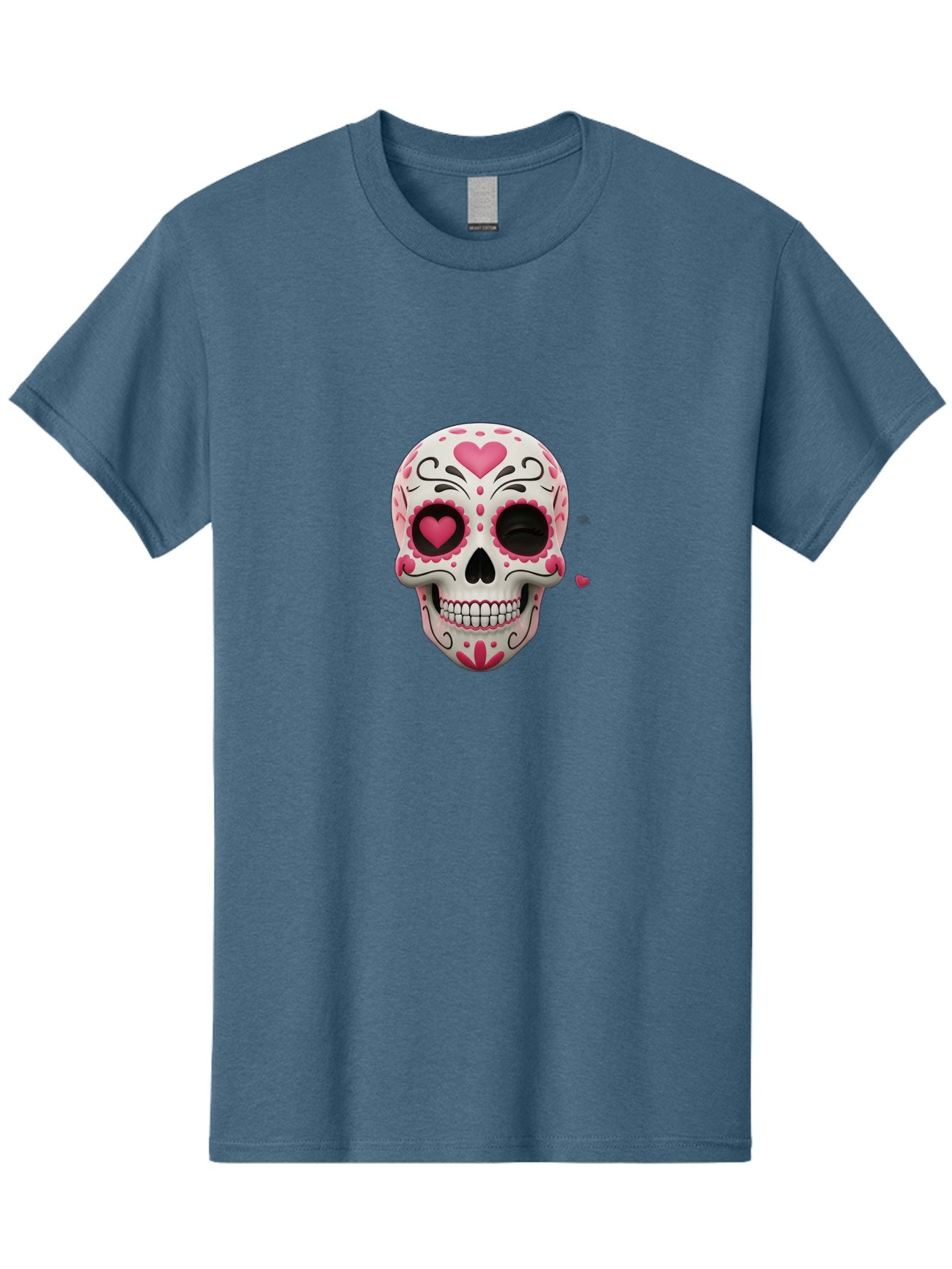 Sugar-Skull-Heart-Eyes Men'S Graphic Tee, 100% Cotton, Comfortable Casual Summer Wear, Machine Washable, Sugar Skull, Day Of The Dead, Pink Hearts, Floral Patterns, Black Swirls, Vibrant Colors, Festive Design, Intricate Details, Bad785 15