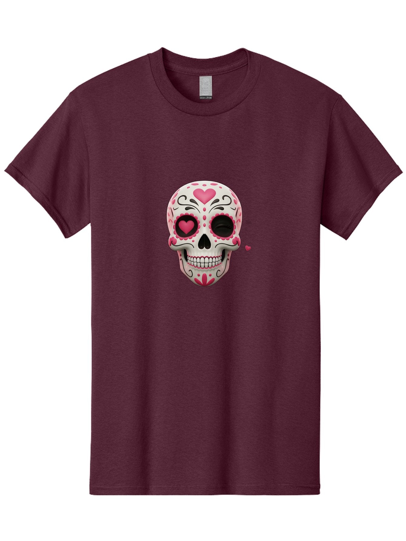Sugar-Skull-Heart-Eyes Men'S Graphic Tee, 100% Cotton, Comfortable Casual Summer Wear, Machine Washable, Sugar Skull, Day Of The Dead, Pink Hearts, Floral Patterns, Black Swirls, Vibrant Colors, Festive Design, Intricate Details, Bad785 14