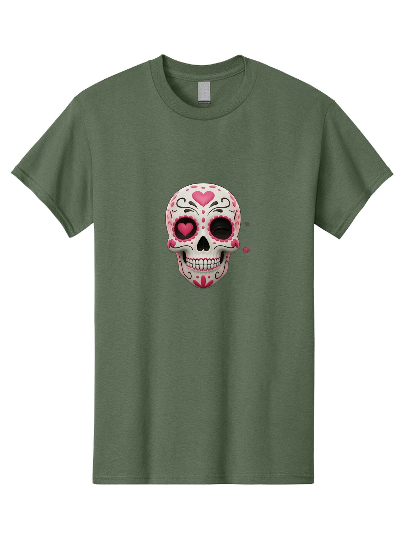 Sugar-Skull-Heart-Eyes Men'S Graphic Tee, 100% Cotton, Comfortable Casual Summer Wear, Machine Washable, Sugar Skull, Day Of The Dead, Pink Hearts, Floral Patterns, Black Swirls, Vibrant Colors, Festive Design, Intricate Details, Bad785 7