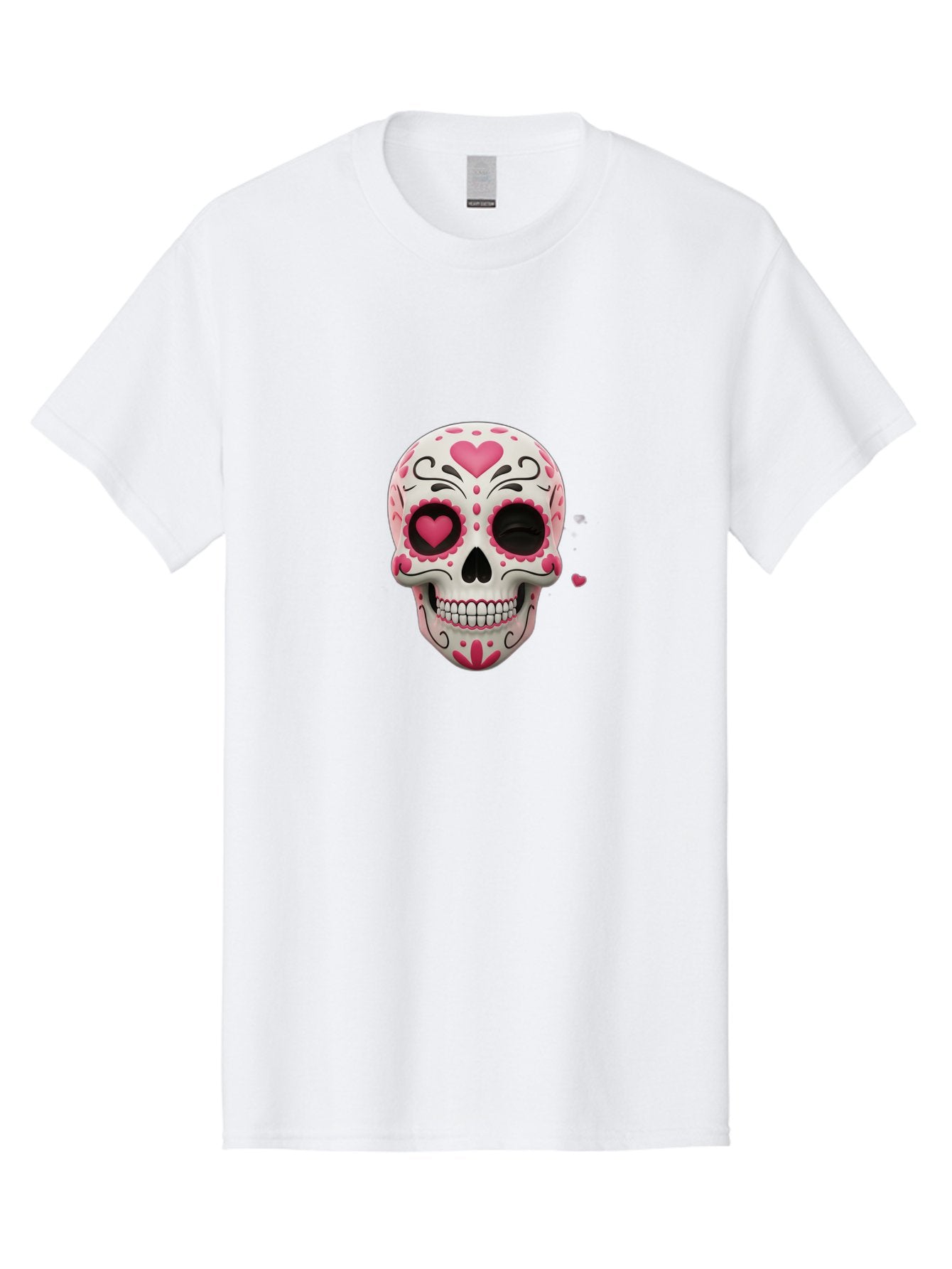 Sugar-Skull-Heart-Eyes Men'S Graphic Tee, 100% Cotton, Comfortable Casual Summer Wear, Machine Washable, Sugar Skull, Day Of The Dead, Pink Hearts, Floral Patterns, Black Swirls, Vibrant Colors, Festive Design, Intricate Details, Bad785