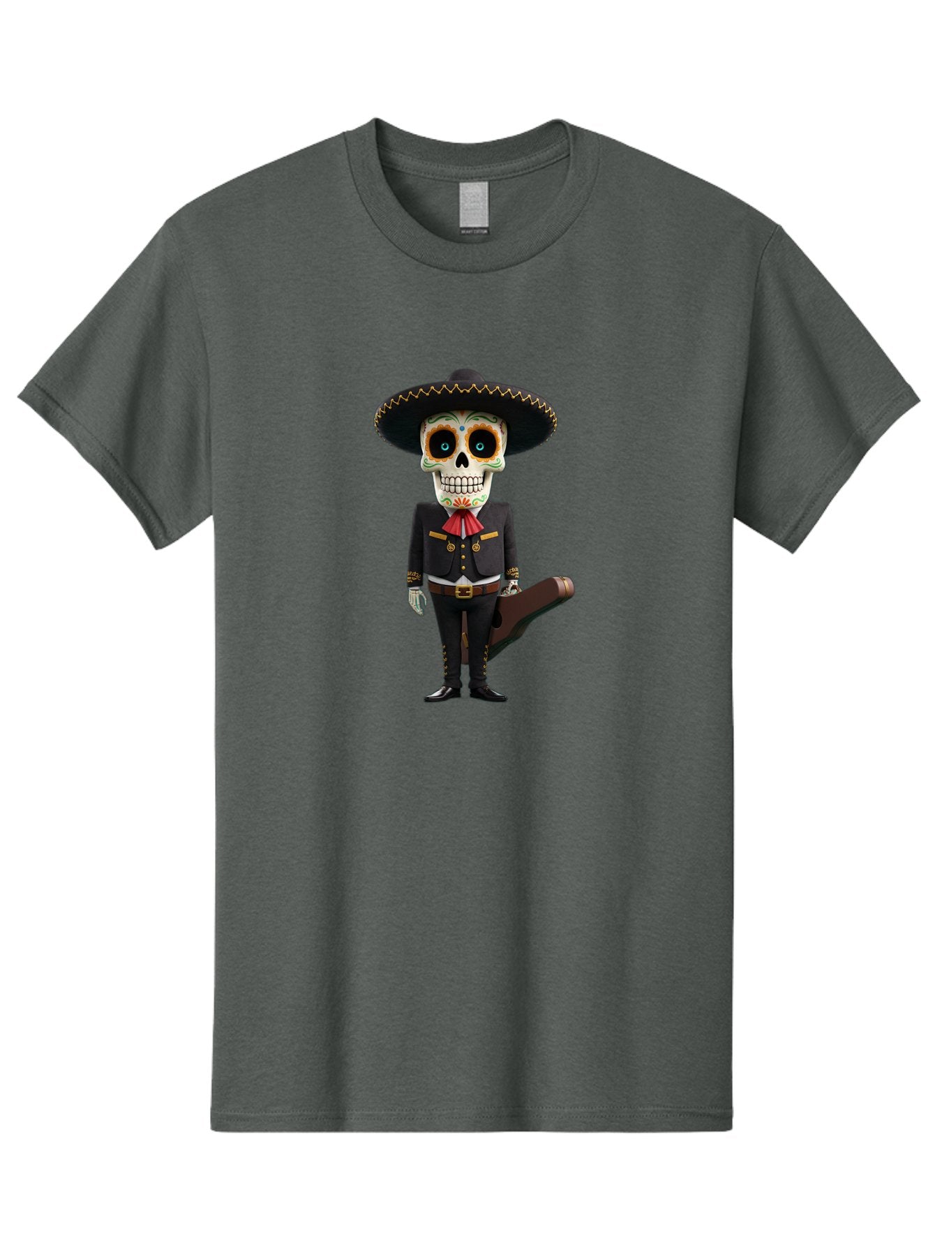 Sugar-Skull-Mariachi Men'S Graphic Tee, 100% Cotton, Comfortable Casual Summer Wear, Machine Washable, Sugar Skull, Mariachi Costume, Guitar Case, Day Of The Dead, Mexican Culture, Skeleton Decoration, Mariachi Attire, Festive Spirit, Bad786 11