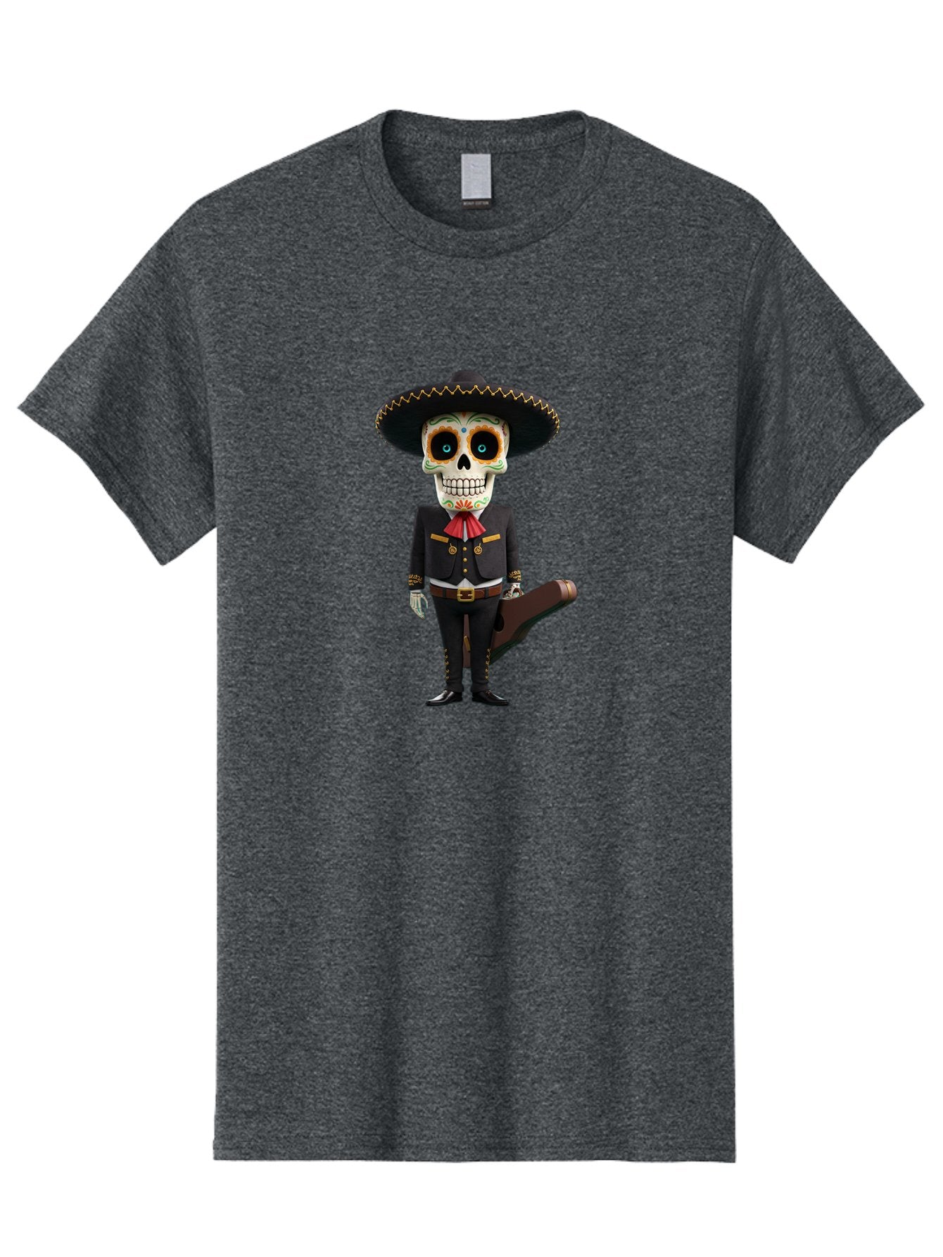Sugar-Skull-Mariachi Men'S Graphic Tee, 100% Cotton, Comfortable Casual Summer Wear, Machine Washable, Sugar Skull, Mariachi Costume, Guitar Case, Day Of The Dead, Mexican Culture, Skeleton Decoration, Mariachi Attire, Festive Spirit, Bad786