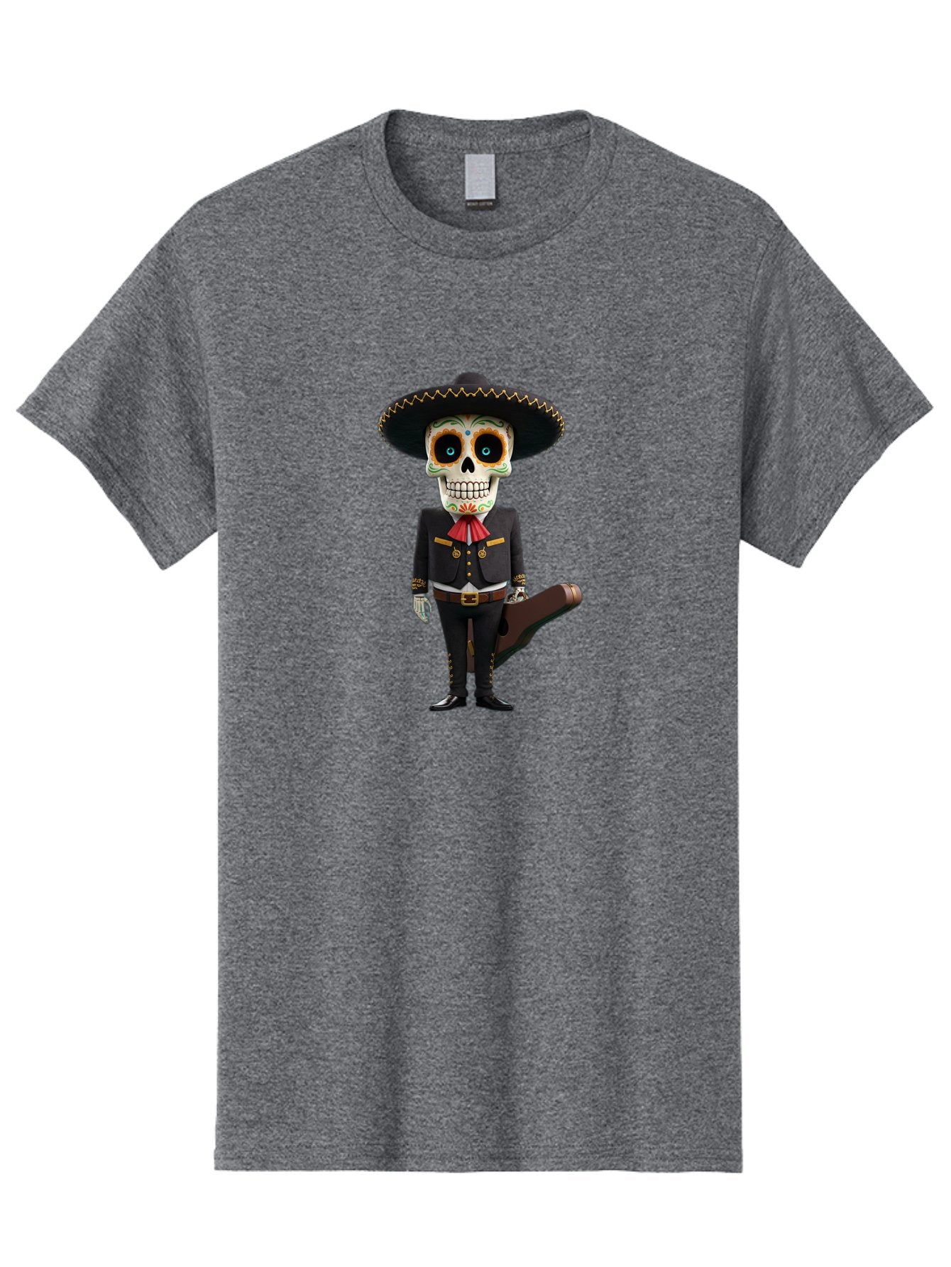 Sugar-Skull-Mariachi Men'S Graphic Tee, 100% Cotton, Comfortable Casual Summer Wear, Machine Washable, Sugar Skull, Mariachi Costume, Guitar Case, Day Of The Dead, Mexican Culture, Skeleton Decoration, Mariachi Attire, Festive Spirit, Bad786 8