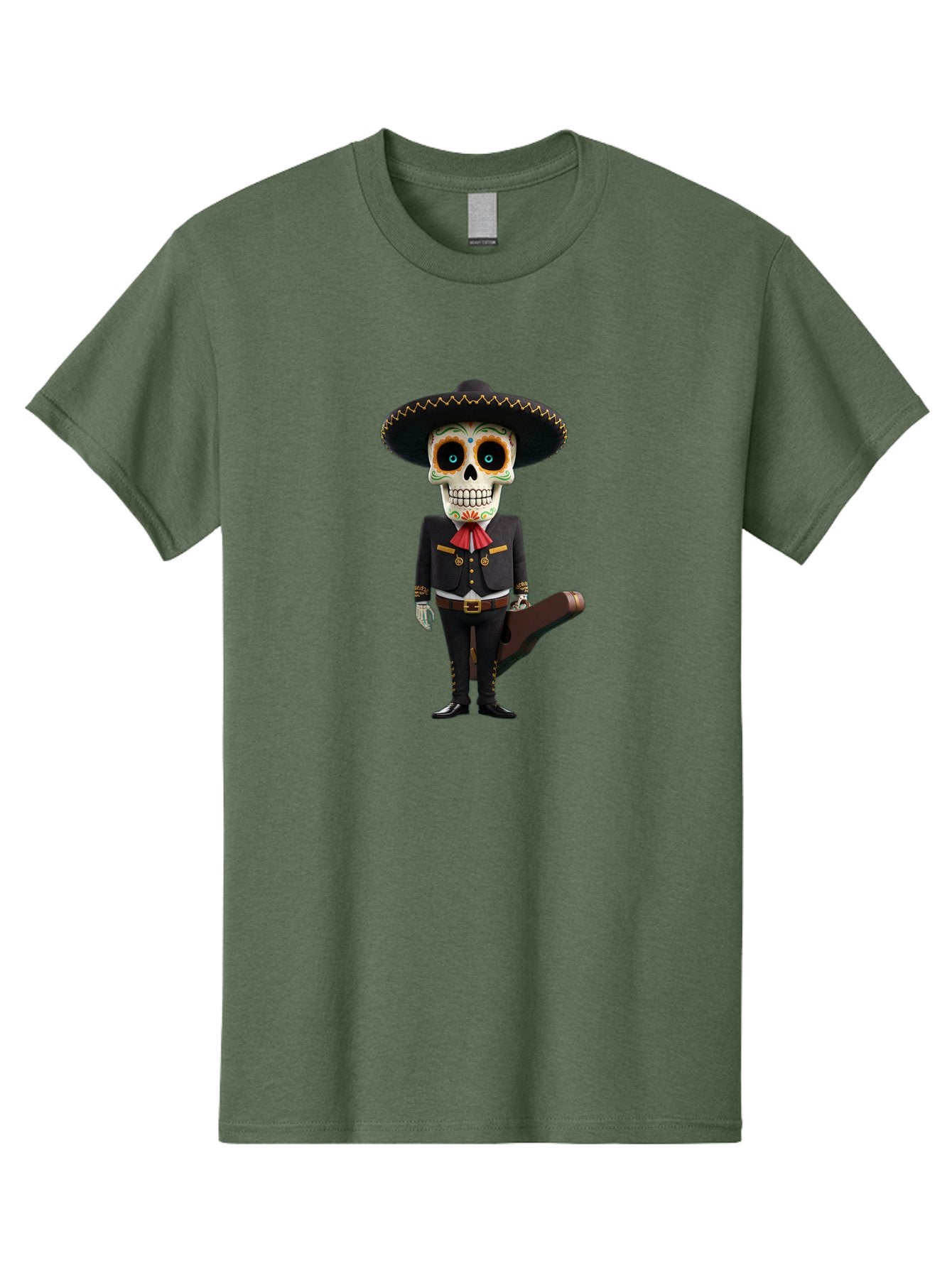 Sugar-Skull-Mariachi Men'S Graphic Tee, 100% Cotton, Comfortable Casual Summer Wear, Machine Washable, Sugar Skull, Mariachi Costume, Guitar Case, Day Of The Dead, Mexican Culture, Skeleton Decoration, Mariachi Attire, Festive Spirit, Bad786 3