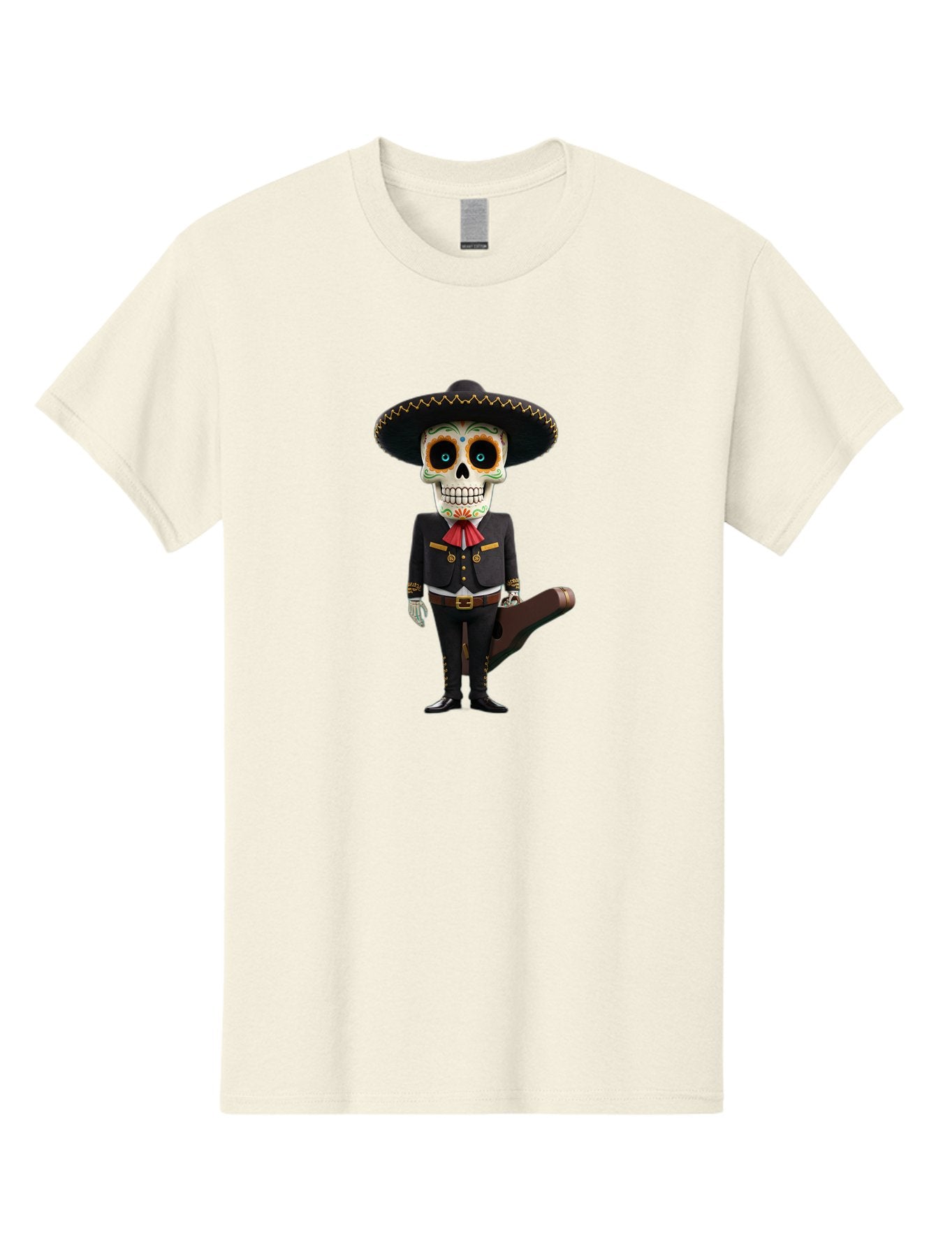 Sugar-Skull-Mariachi Men'S Graphic Tee, 100% Cotton, Comfortable Casual Summer Wear, Machine Washable, Sugar Skull, Mariachi Costume, Guitar Case, Day Of The Dead, Mexican Culture, Skeleton Decoration, Mariachi Attire, Festive Spirit, Bad786 15