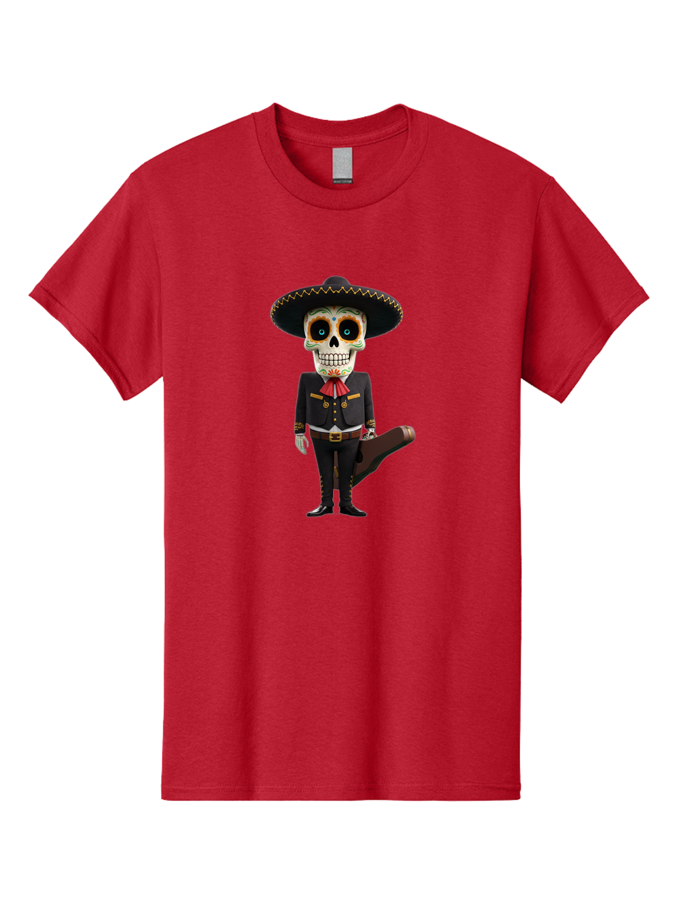 Sugar-Skull-Mariachi Men'S Graphic Tee, 100% Cotton, Comfortable Casual Summer Wear, Machine Washable, Sugar Skull, Mariachi Costume, Guitar Case, Day Of The Dead, Mexican Culture, Skeleton Decoration, Mariachi Attire, Festive Spirit, Bad786