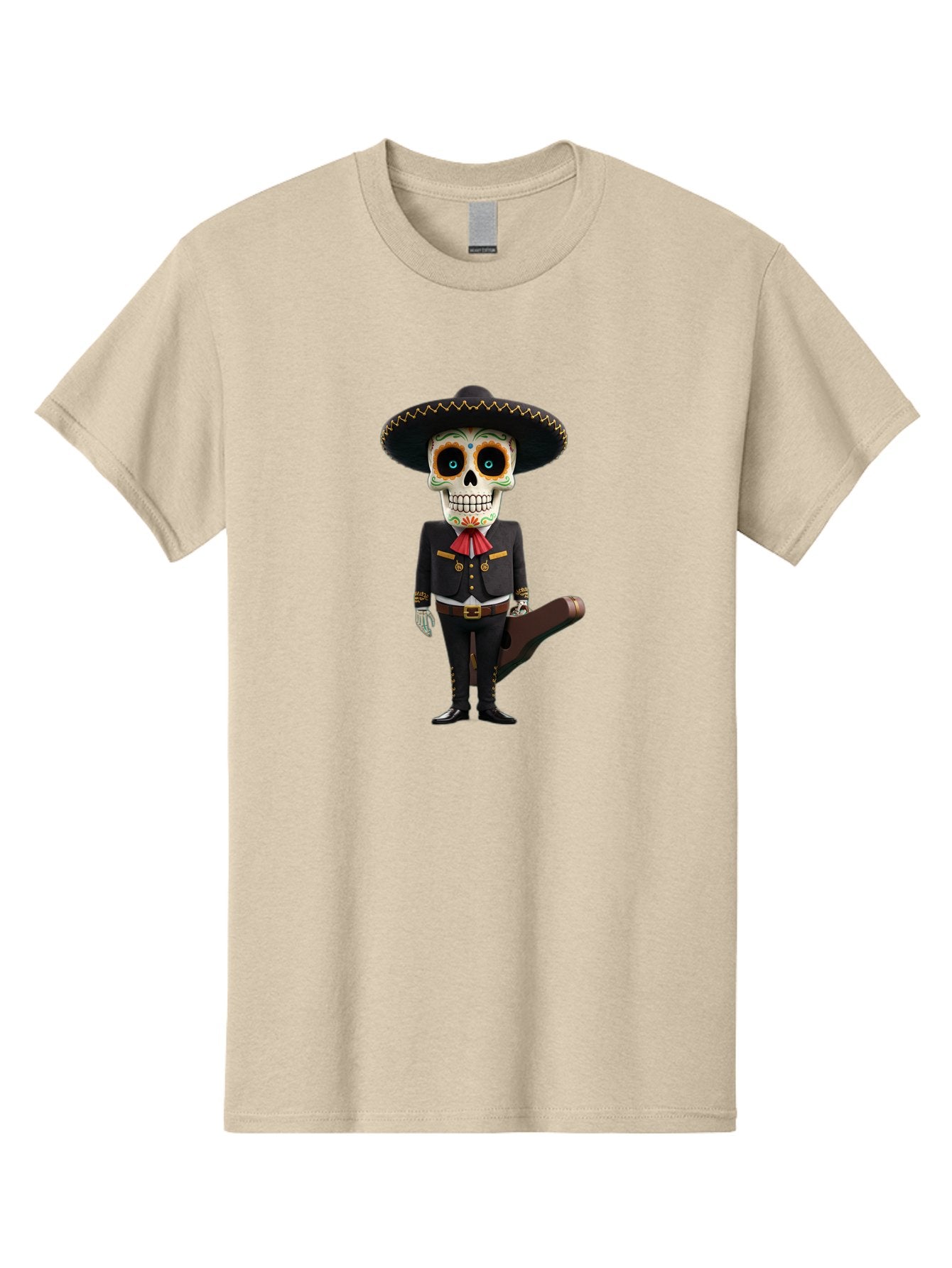 Sugar-Skull-Mariachi Men'S Graphic Tee, 100% Cotton, Comfortable Casual Summer Wear, Machine Washable, Sugar Skull, Mariachi Costume, Guitar Case, Day Of The Dead, Mexican Culture, Skeleton Decoration, Mariachi Attire, Festive Spirit, Bad786 7