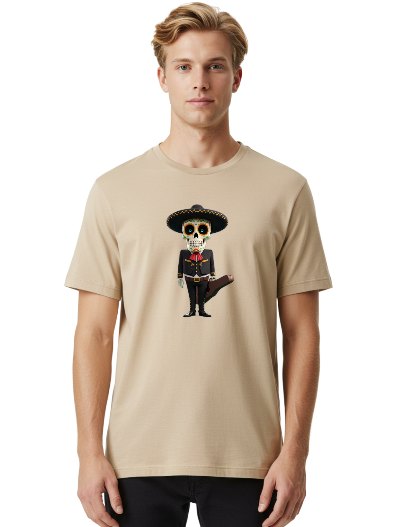 Sugar-Skull-Mariachi Men'S Graphic Tee, 100% Cotton, Comfortable Casual Summer Wear, Machine Washable, Sugar Skull, Mariachi Costume, Guitar Case, Day Of The Dead, Mexican Culture, Skeleton Decoration, Mariachi Attire, Festive Spirit, Bad786 28