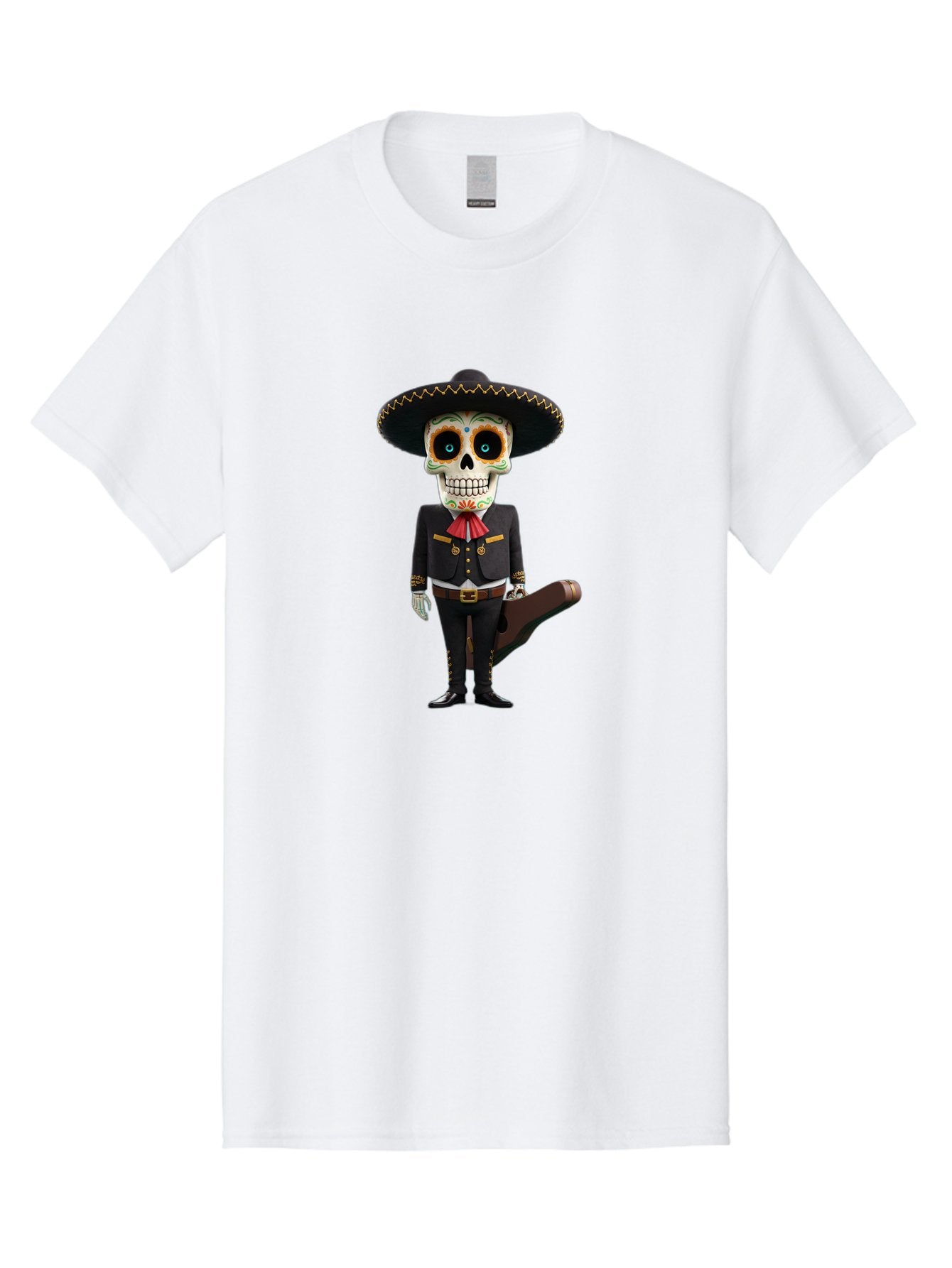 Sugar-Skull-Mariachi Men'S Graphic Tee, 100% Cotton, Comfortable Casual Summer Wear, Machine Washable, Sugar Skull, Mariachi Costume, Guitar Case, Day Of The Dead, Mexican Culture, Skeleton Decoration, Mariachi Attire, Festive Spirit, Bad786 4