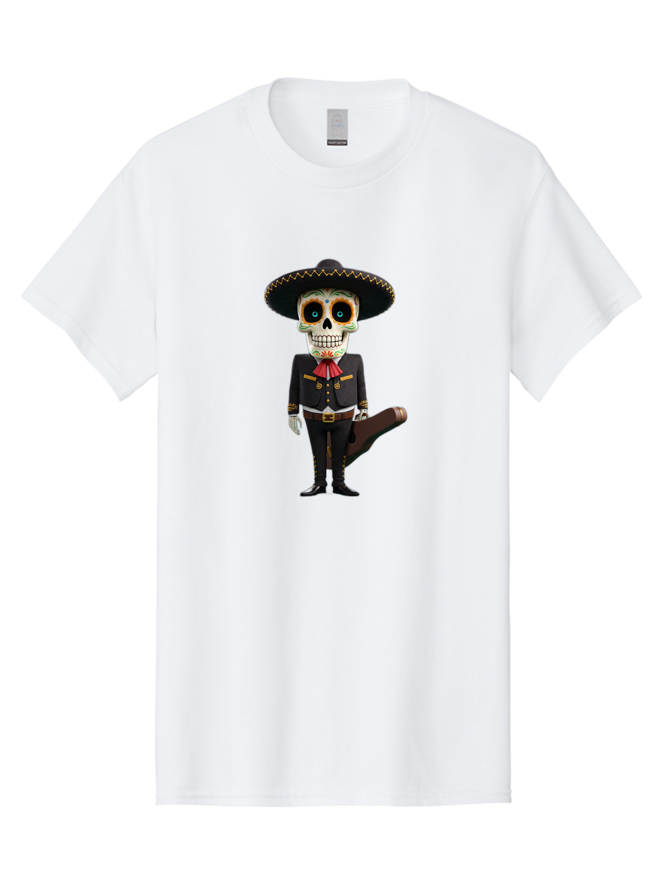 Sugar-Skull-Mariachi Men'S Graphic Tee, 100% Cotton, Comfortable Casual Summer Wear, Machine Washable, Sugar Skull, Mariachi Costume, Guitar Case, Day Of The Dead, Mexican Culture, Skeleton Decoration, Mariachi Attire, Festive Spirit, Bad786 12