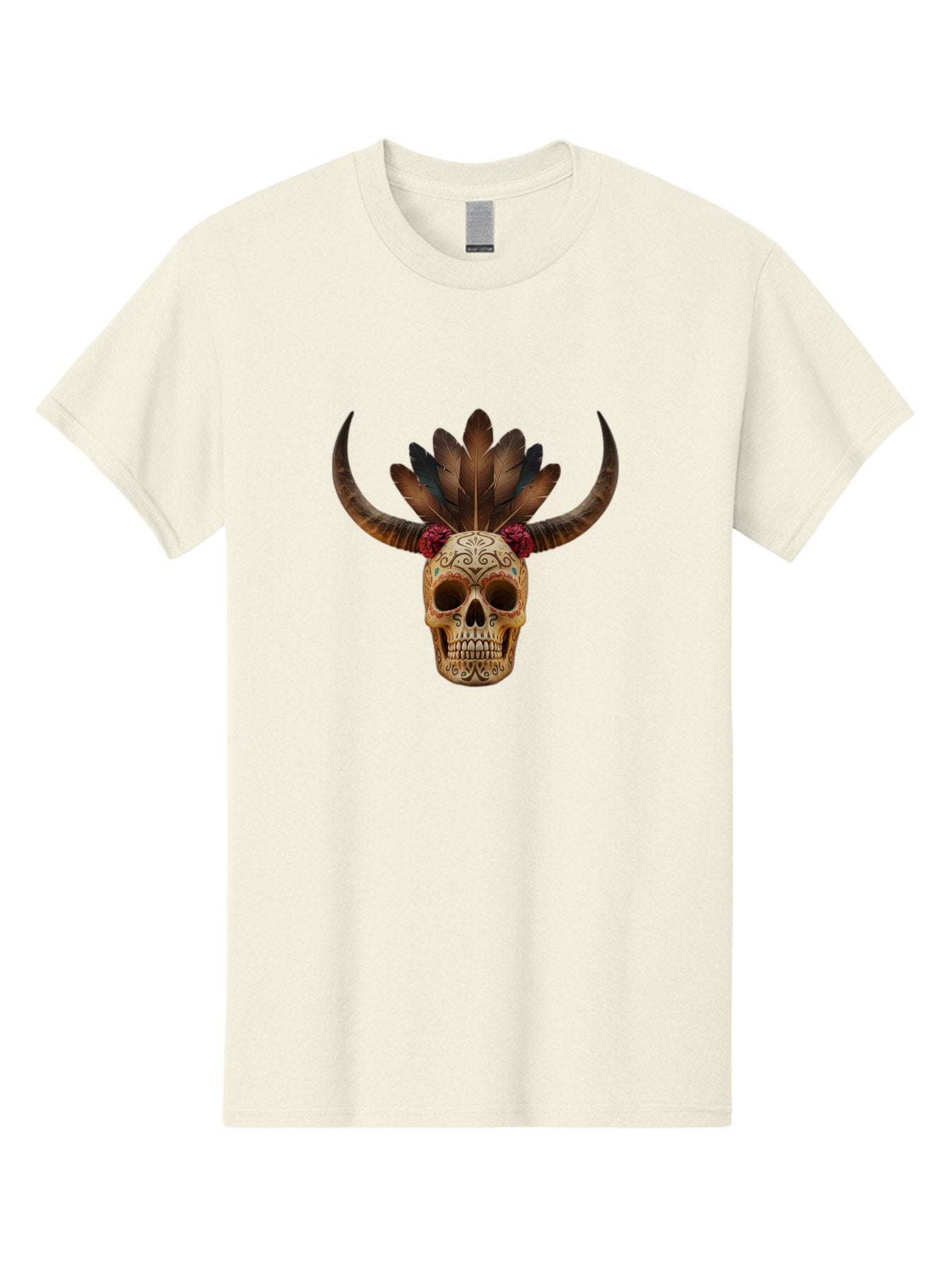 Sugar-Skull-Minotaur Men'S Graphic Tee, 100% Cotton, Comfortable Casual Summer Wear, Machine Washable, Sugar Skull, Minotaur, Bull Skull, Day Of The Dead, Dia De Los Muertos, Tribal Art, Feathered Headdress, Gothic Decor, Skull Art Bad787 14