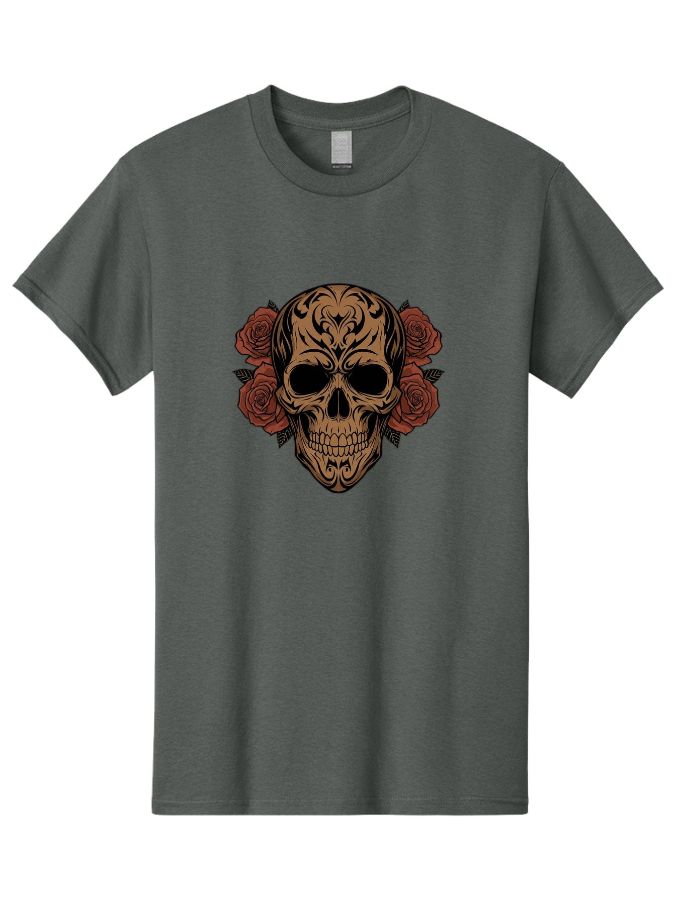 Sugar-Skull-With-Roses-1 Men'S Graphic Tee, 100% Cotton, Comfortable Casual Summer Wear, Machine Washable, Sugar Skull, Floral Design, Red Roses, Black Tribal Patterns, Day Of The Dead, Gothic Art, Tattoo Design, Vibrant Flowers, Dark Art, Bad789 15