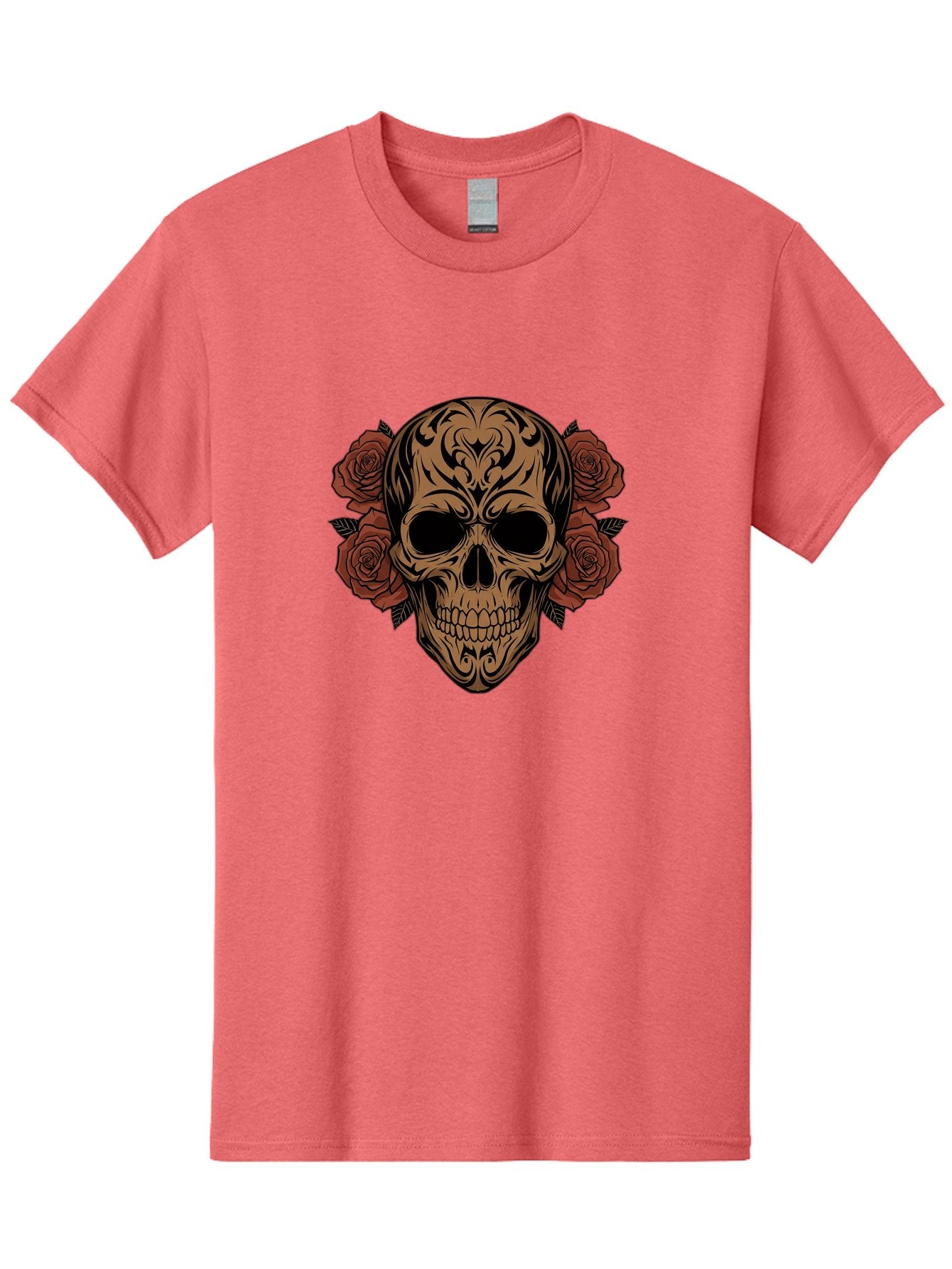 Sugar-Skull-With-Roses-1 Men'S Graphic Tee, 100% Cotton, Comfortable Casual Summer Wear, Machine Washable, Sugar Skull, Floral Design, Red Roses, Black Tribal Patterns, Day Of The Dead, Gothic Art, Tattoo Design, Vibrant Flowers, Dark Art, Bad789 4