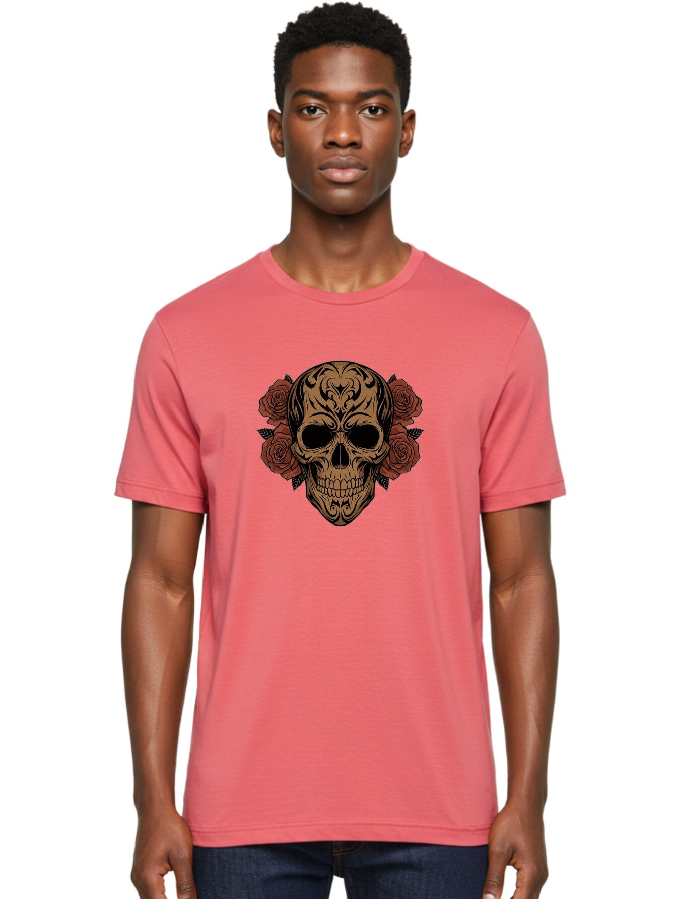 Sugar-Skull-With-Roses-1 Men'S Graphic Tee, 100% Cotton, Comfortable Casual Summer Wear, Machine Washable, Sugar Skull, Floral Design, Red Roses, Black Tribal Patterns, Day Of The Dead, Gothic Art, Tattoo Design, Vibrant Flowers, Dark Art, Bad789 18