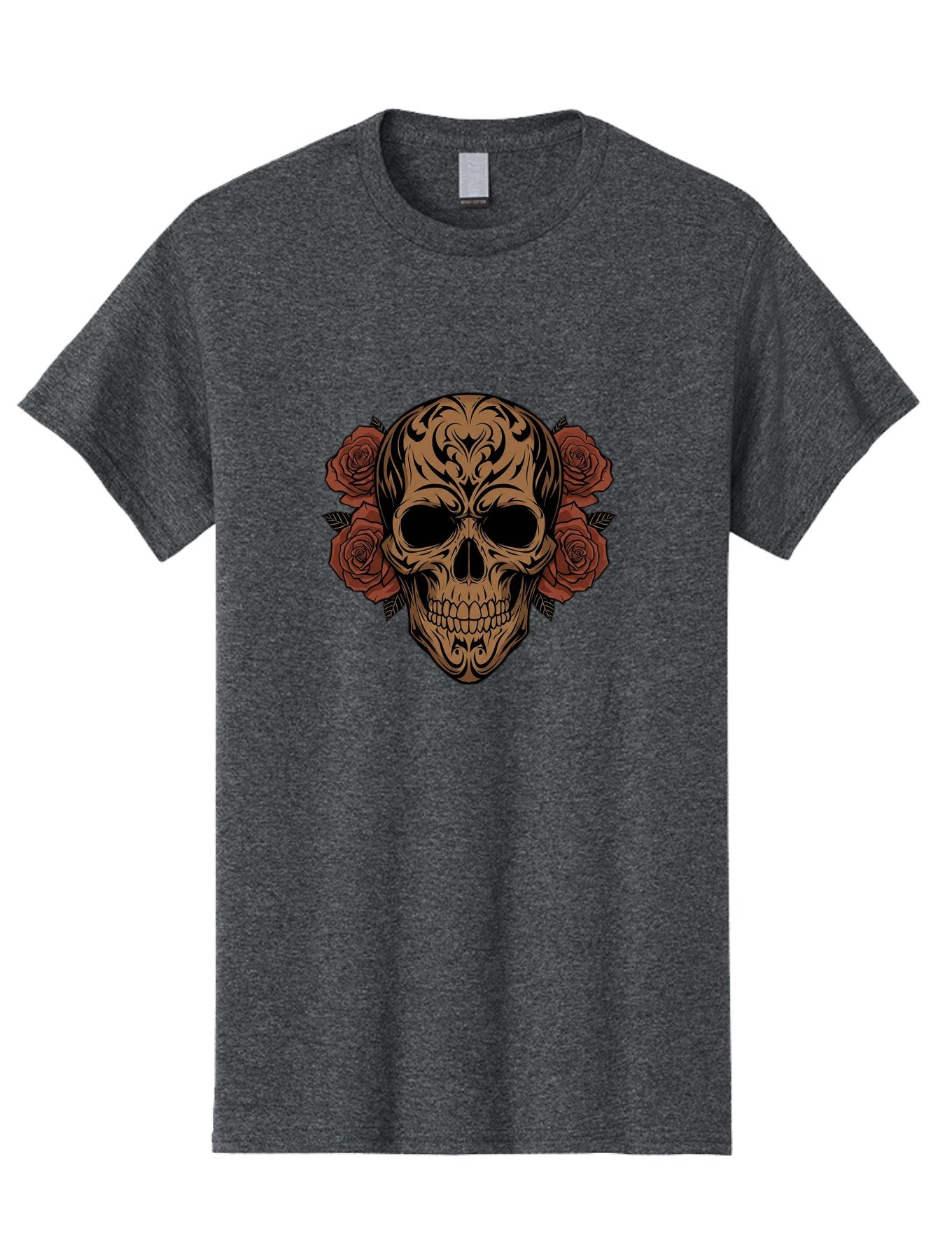 Sugar-Skull-With-Roses-1 Men'S Graphic Tee, 100% Cotton, Comfortable Casual Summer Wear, Machine Washable, Sugar Skull, Floral Design, Red Roses, Black Tribal Patterns, Day Of The Dead, Gothic Art, Tattoo Design, Vibrant Flowers, Dark Art, Bad789 6