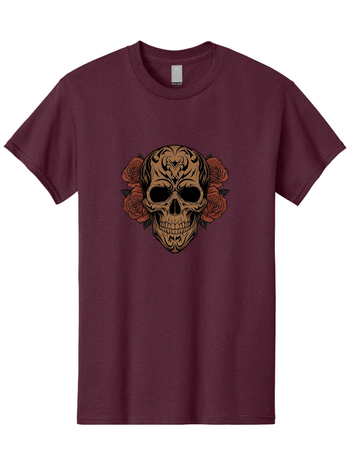 Sugar-Skull-With-Roses-1 Men'S Graphic Tee, 100% Cotton, Comfortable Casual Summer Wear, Machine Washable, Sugar Skull, Floral Design, Red Roses, Black Tribal Patterns, Day Of The Dead, Gothic Art, Tattoo Design, Vibrant Flowers, Dark Art, Bad789