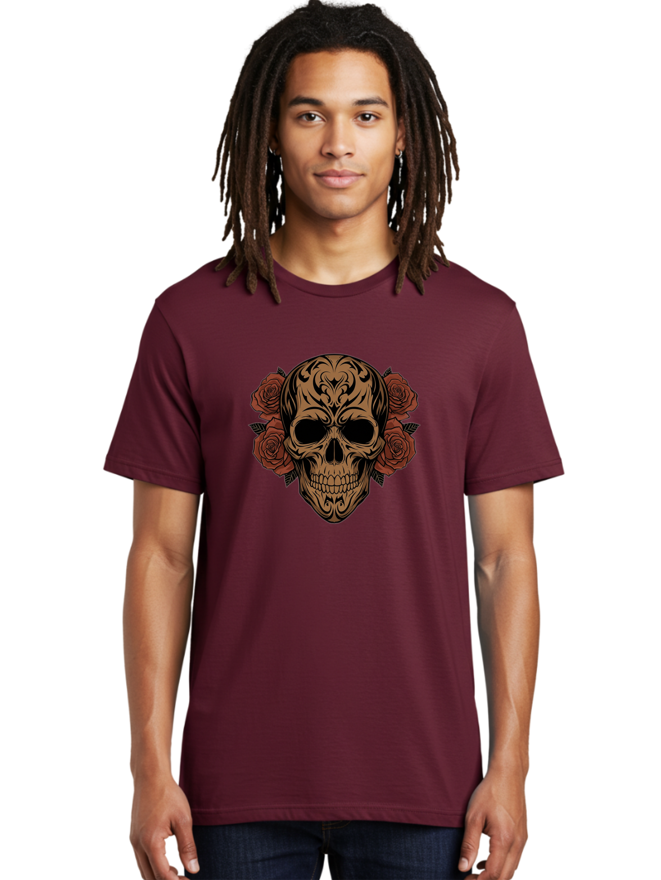Sugar-Skull-With-Roses-1 Men'S Graphic Tee, 100% Cotton, Comfortable Casual Summer Wear, Machine Washable, Sugar Skull, Floral Design, Red Roses, Black Tribal Patterns, Day Of The Dead, Gothic Art, Tattoo Design, Vibrant Flowers, Dark Art, Bad789 25