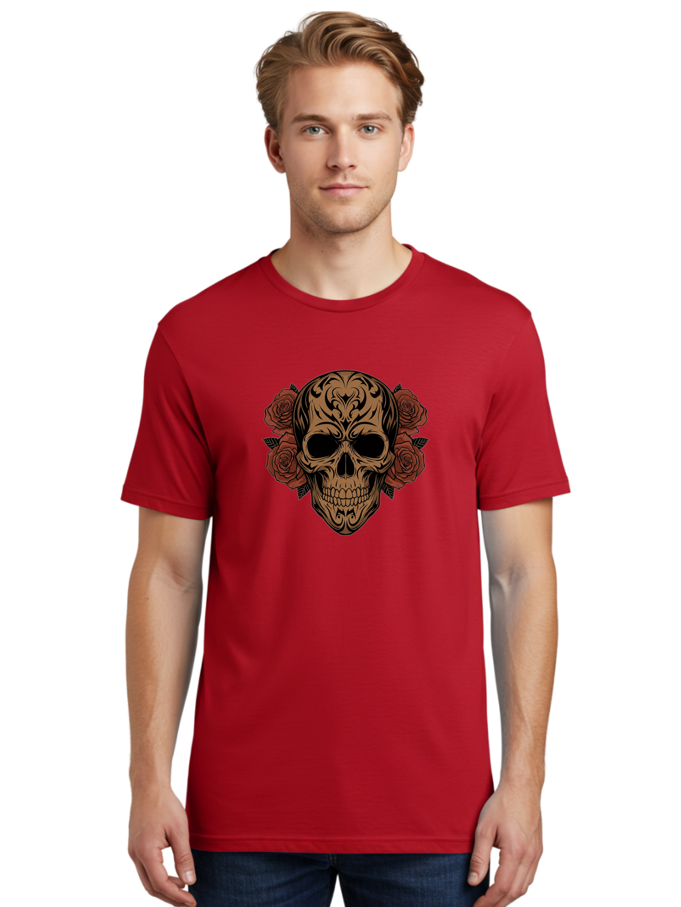 Sugar-Skull-With-Roses-1 Men'S Graphic Tee, 100% Cotton, Comfortable Casual Summer Wear, Machine Washable, Sugar Skull, Floral Design, Red Roses, Black Tribal Patterns, Day Of The Dead, Gothic Art, Tattoo Design, Vibrant Flowers, Dark Art, Bad789 30