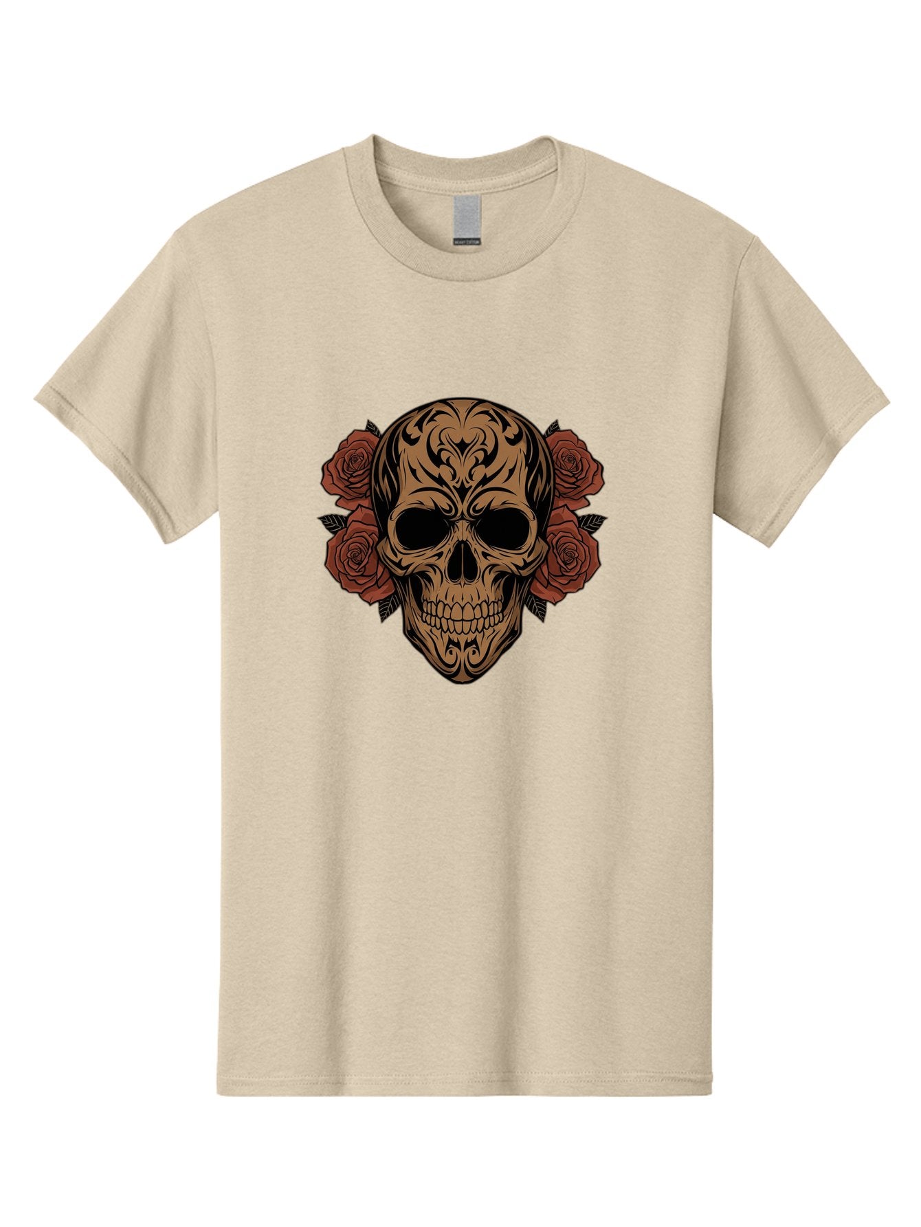 Sugar-Skull-With-Roses-1 Men'S Graphic Tee, 100% Cotton, Comfortable Casual Summer Wear, Machine Washable, Sugar Skull, Floral Design, Red Roses, Black Tribal Patterns, Day Of The Dead, Gothic Art, Tattoo Design, Vibrant Flowers, Dark Art, Bad789 12