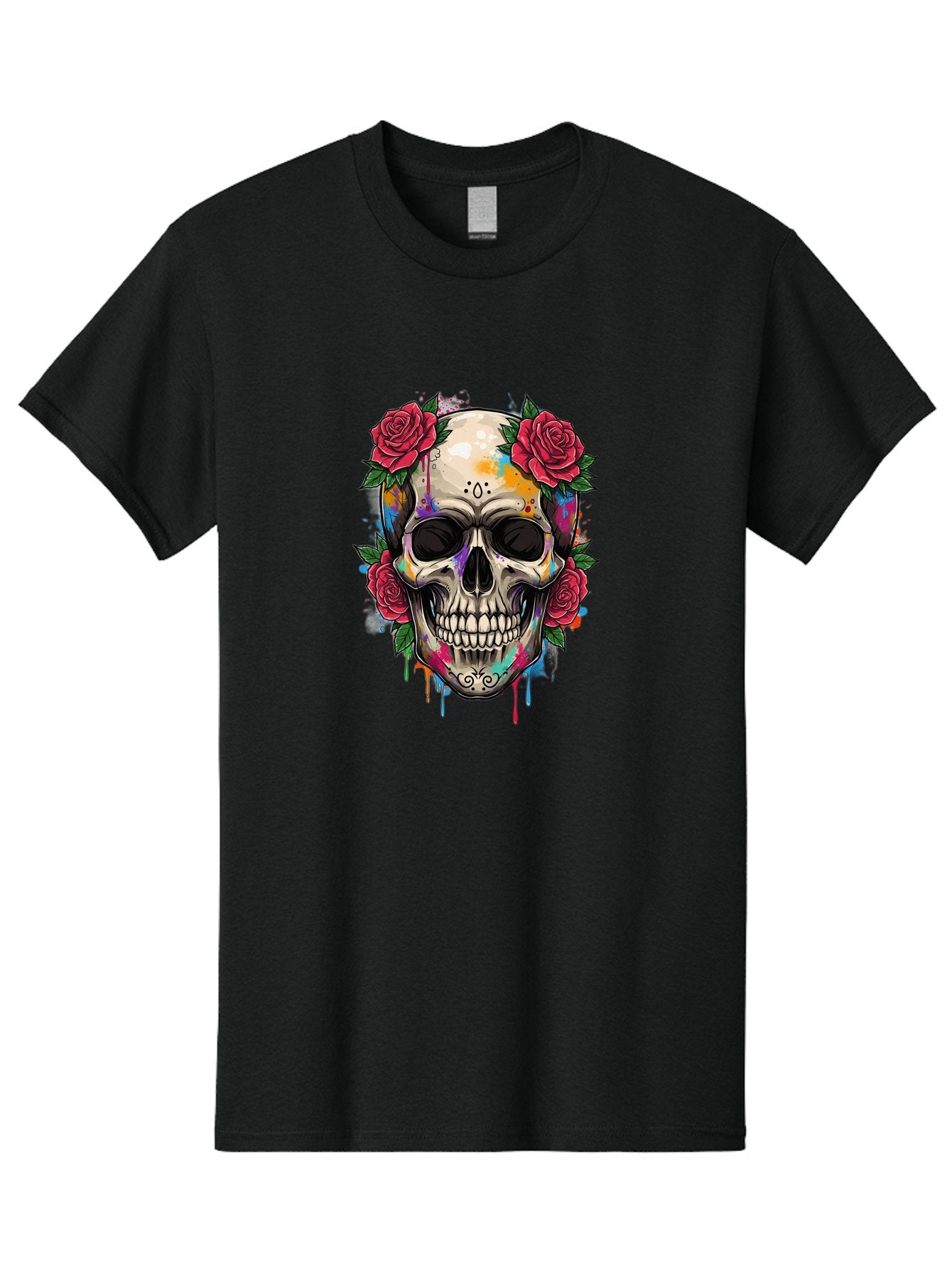 Sugar-Skull-With-Roses-2 Men'S Graphic Tee, 100% Cotton, Comfortable Casual Summer Wear, Machine Washable, Sugar Skull, Skull With Roses, Vibrant Colors, Colorful Skull, Street Art Style, Abstract Art, Day Of The Dead Theme, Red Roses, Bad790 8
