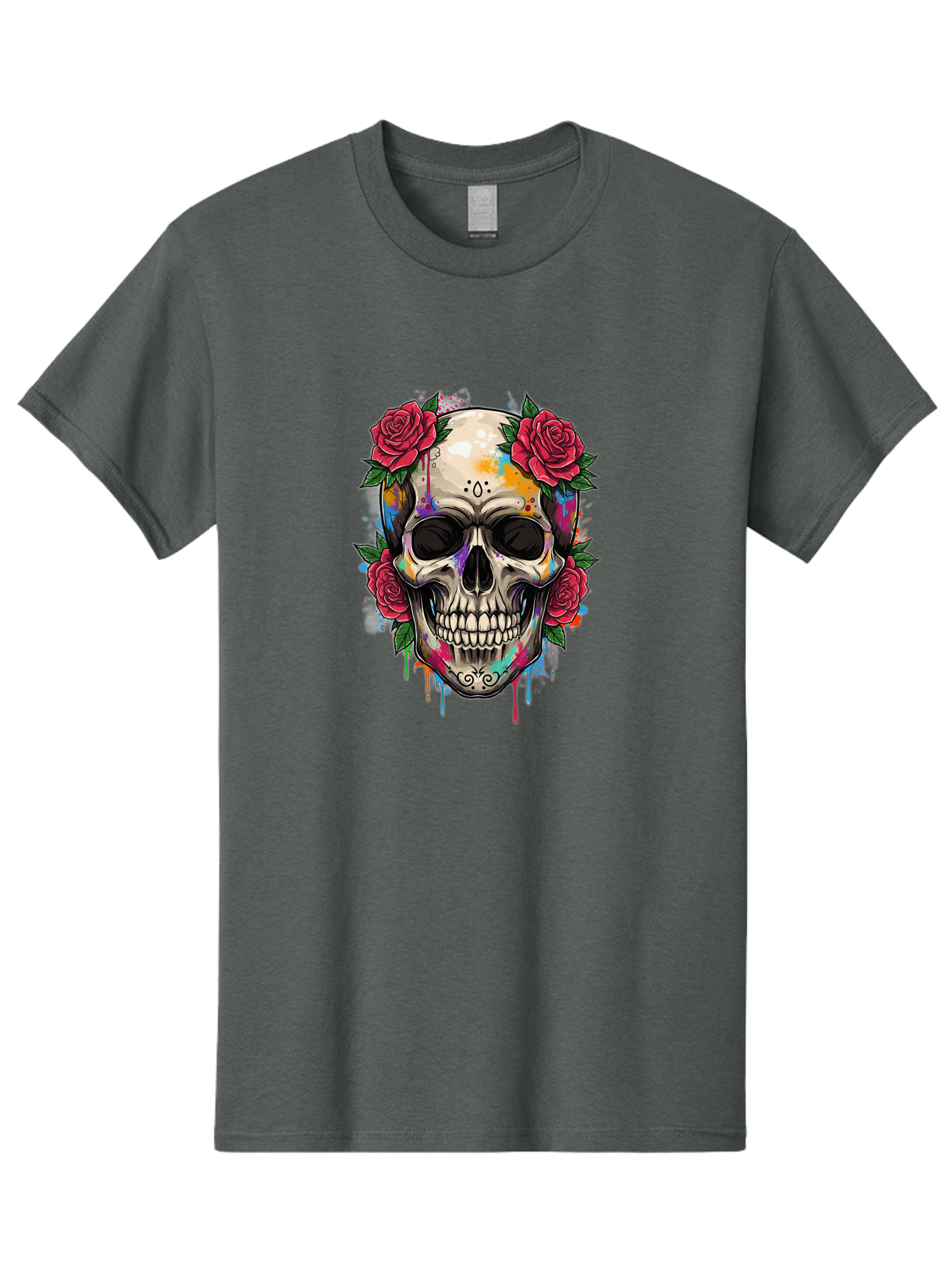 Sugar-Skull-With-Roses-2 Men'S Graphic Tee, 100% Cotton, Comfortable Casual Summer Wear, Machine Washable, Sugar Skull, Skull With Roses, Vibrant Colors, Colorful Skull, Street Art Style, Abstract Art, Day Of The Dead Theme, Red Roses, Bad790 13