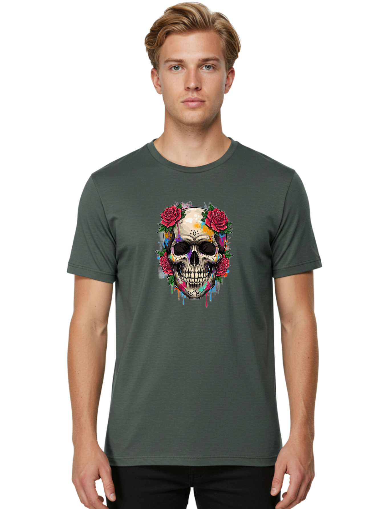 Sugar-Skull-With-Roses-2 Men'S Graphic Tee, 100% Cotton, Comfortable Casual Summer Wear, Machine Washable, Sugar Skull, Skull With Roses, Vibrant Colors, Colorful Skull, Street Art Style, Abstract Art, Day Of The Dead Theme, Red Roses, Bad790 28