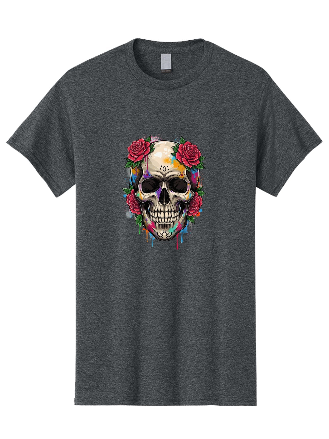 Sugar-Skull-With-Roses-2 Men'S Graphic Tee, 100% Cotton, Comfortable Casual Summer Wear, Machine Washable, Sugar Skull, Skull With Roses, Vibrant Colors, Colorful Skull, Street Art Style, Abstract Art, Day Of The Dead Theme, Red Roses, Bad790 14