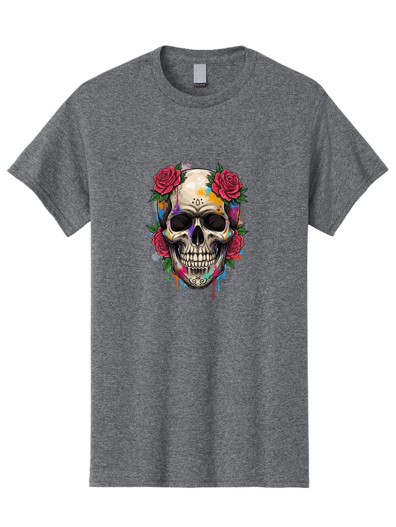 Sugar-Skull-With-Roses-2 Men'S Graphic Tee, 100% Cotton, Comfortable Casual Summer Wear, Machine Washable, Sugar Skull, Skull With Roses, Vibrant Colors, Colorful Skull, Street Art Style, Abstract Art, Day Of The Dead Theme, Red Roses, Bad790 3