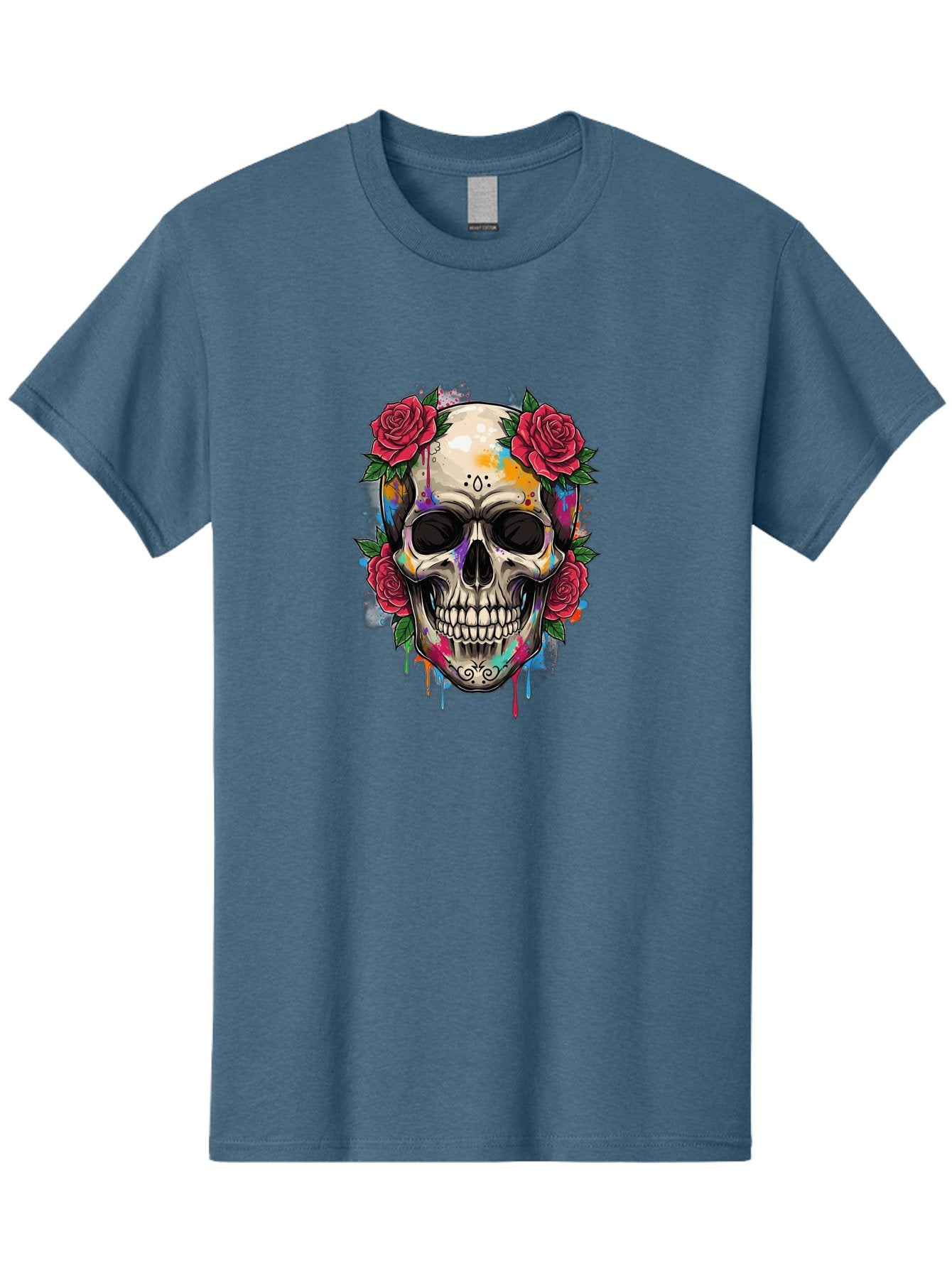 Sugar-Skull-With-Roses-2 Men'S Graphic Tee, 100% Cotton, Comfortable Casual Summer Wear, Machine Washable, Sugar Skull, Skull With Roses, Vibrant Colors, Colorful Skull, Street Art Style, Abstract Art, Day Of The Dead Theme, Red Roses, Bad790 10