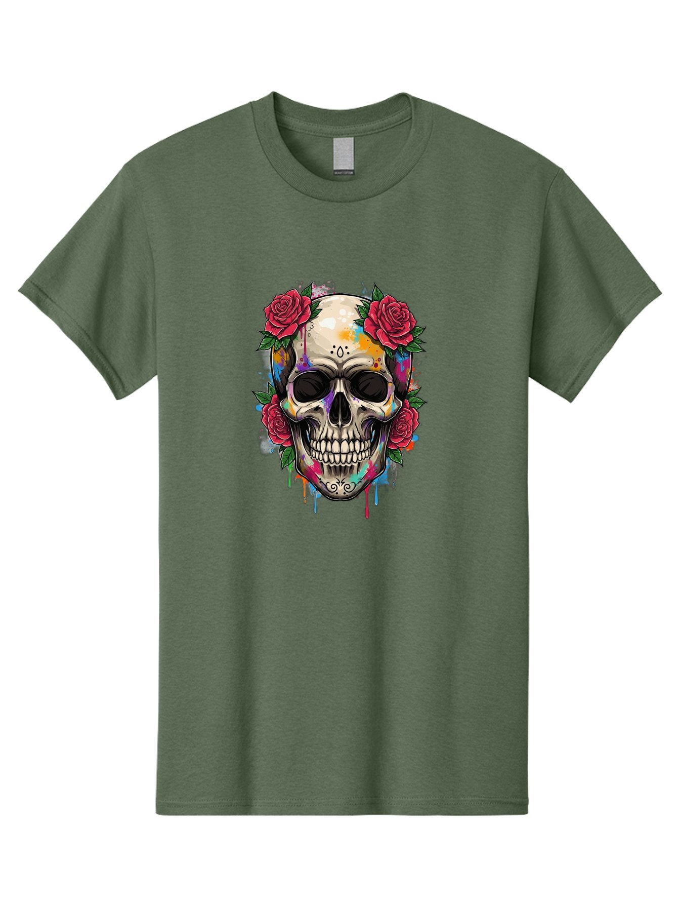 Sugar-Skull-With-Roses-2 Men'S Graphic Tee, 100% Cotton, Comfortable Casual Summer Wear, Machine Washable, Sugar Skull, Skull With Roses, Vibrant Colors, Colorful Skull, Street Art Style, Abstract Art, Day Of The Dead Theme, Red Roses, Bad790