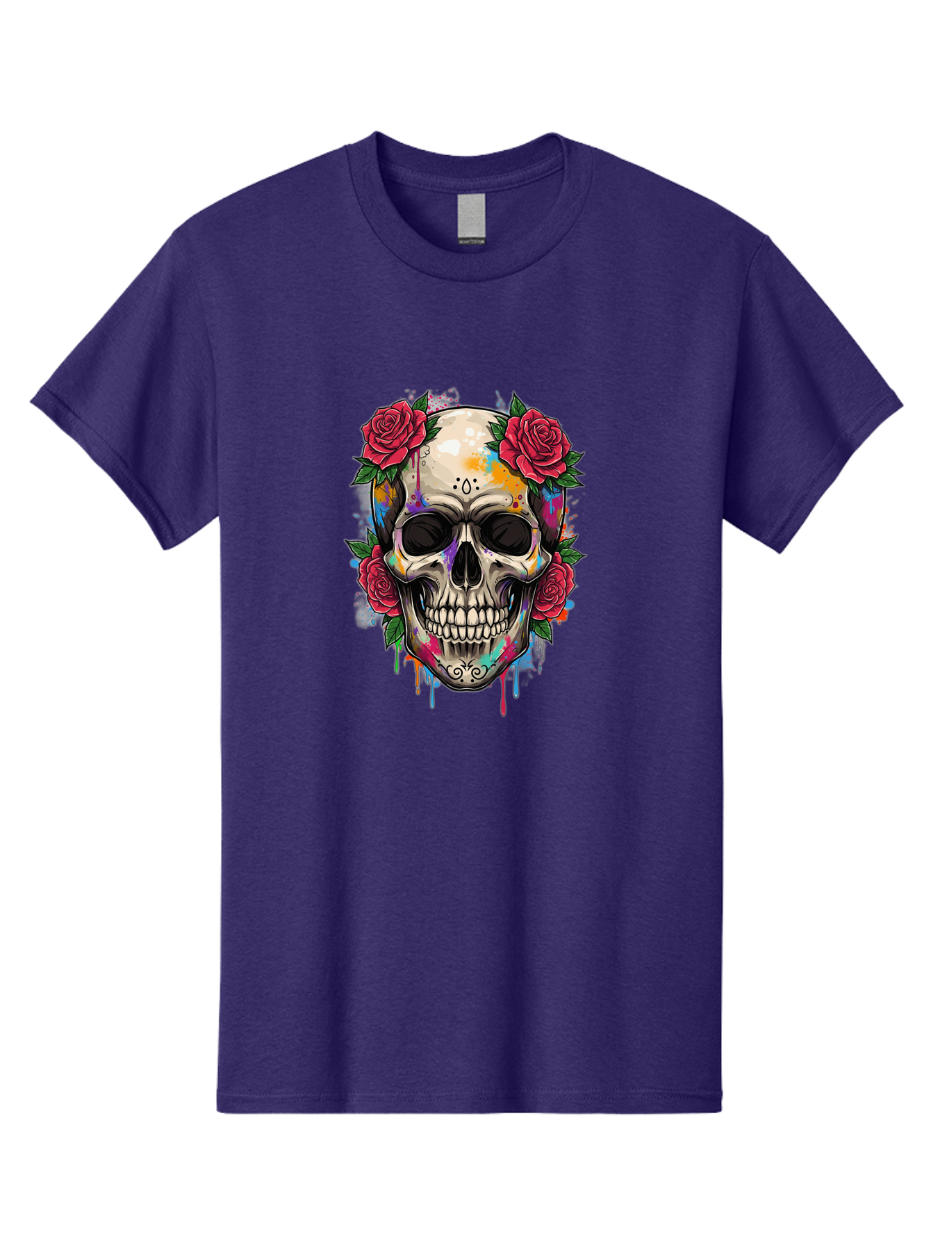 Sugar-Skull-With-Roses-2 Men'S Graphic Tee, 100% Cotton, Comfortable Casual Summer Wear, Machine Washable, Sugar Skull, Skull With Roses, Vibrant Colors, Colorful Skull, Street Art Style, Abstract Art, Day Of The Dead Theme, Red Roses, Bad790 15