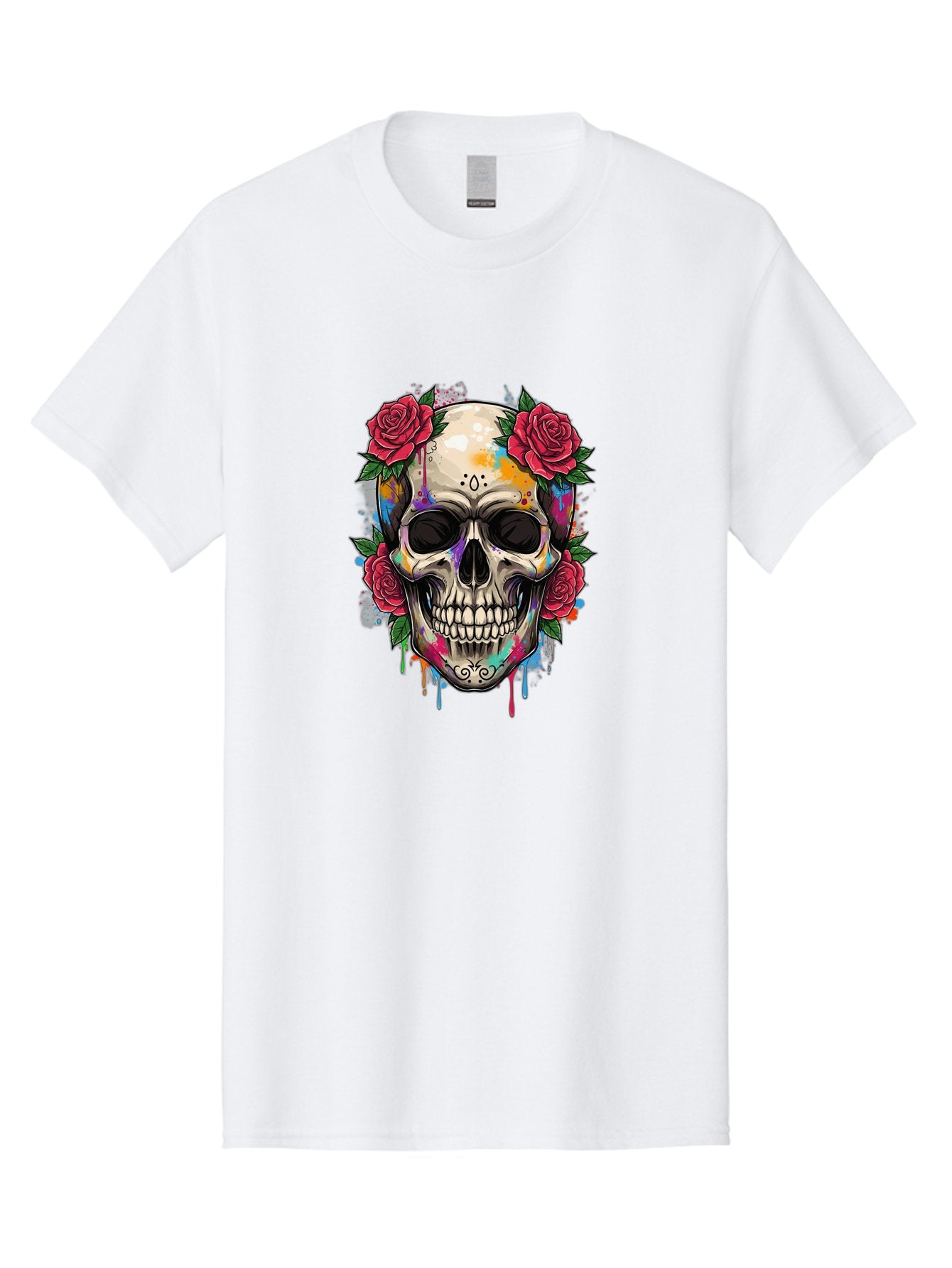 Sugar-Skull-With-Roses-2 Men'S Graphic Tee, 100% Cotton, Comfortable Casual Summer Wear, Machine Washable, Sugar Skull, Skull With Roses, Vibrant Colors, Colorful Skull, Street Art Style, Abstract Art, Day Of The Dead Theme, Red Roses, Bad790 11