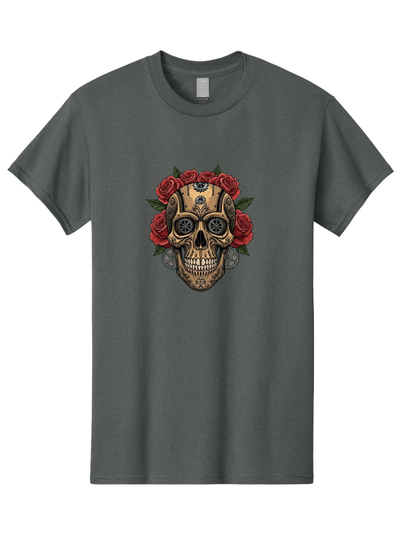 Sugar-Skull-With-Roses Men'S Graphic Tee, 100% Cotton, Comfortable Casual Summer Wear, Machine Washable, Sugar Skull, Day Of The Dead, Mechanical Parts, Floral Wreath, Red Roses, Gothic Design, Steampunk Style, Intricate Details, Bad791 4