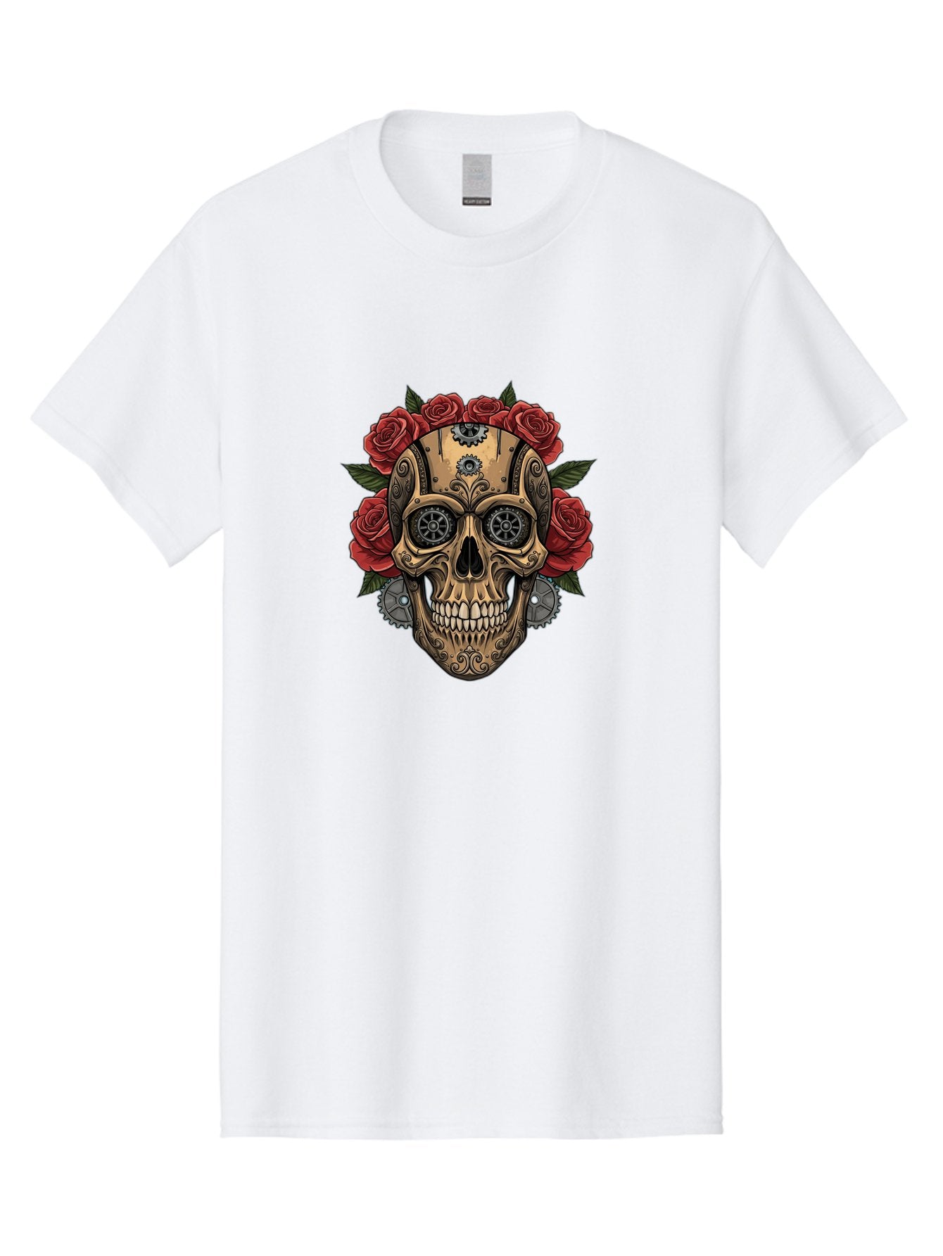 Sugar-Skull-With-Roses Men'S Graphic Tee, 100% Cotton, Comfortable Casual Summer Wear, Machine Washable, Sugar Skull, Day Of The Dead, Mechanical Parts, Floral Wreath, Red Roses, Gothic Design, Steampunk Style, Intricate Details, Bad791