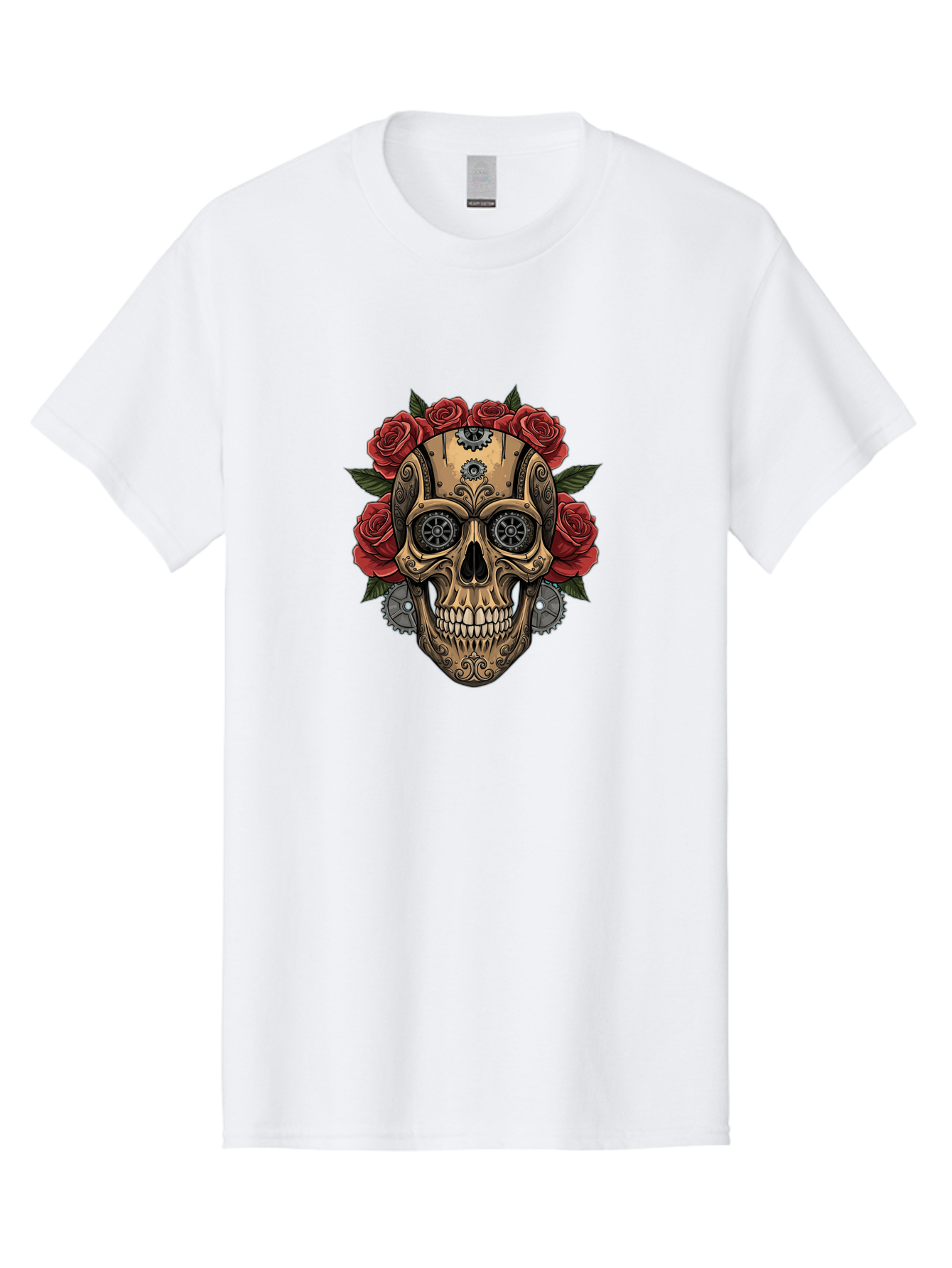 Sugar-Skull-With-Roses Men'S Graphic Tee, 100% Cotton, Comfortable Casual Summer Wear, Machine Washable, Sugar Skull, Day Of The Dead, Mechanical Parts, Floral Wreath, Red Roses, Gothic Design, Steampunk Style, Intricate Details, Bad791 10
