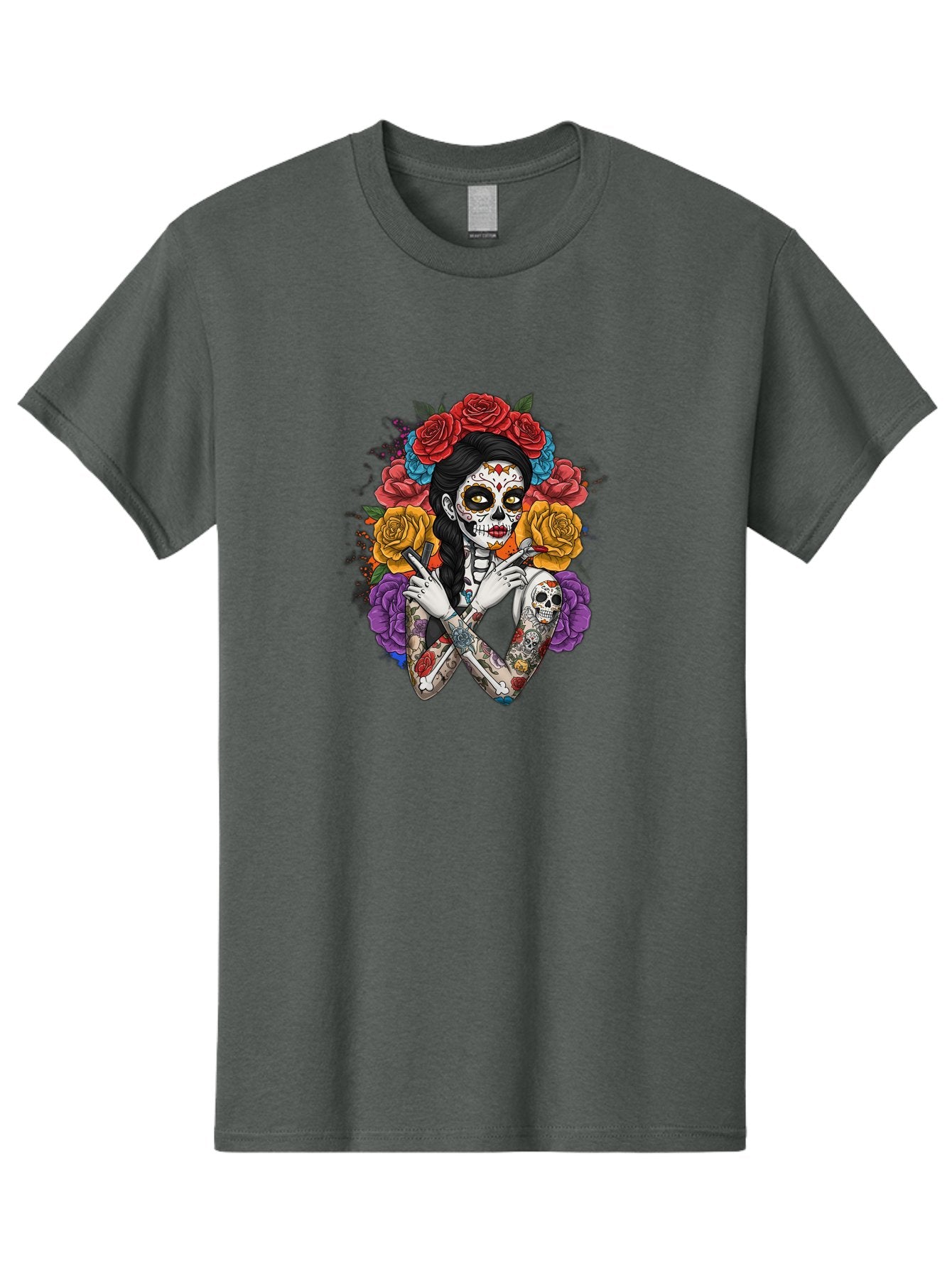 Sugar-Skull-Woman Men'S Graphic Tee, 100% Cotton, Comfortable Casual Summer Wear, Machine Washable, Sugar Skull, Day Of The Dead, Tattoo Art, Floral Crown, Roses, Skull Makeup, Vibrant Colors, Gothic Style, Feminine Beauty, Bad792 14