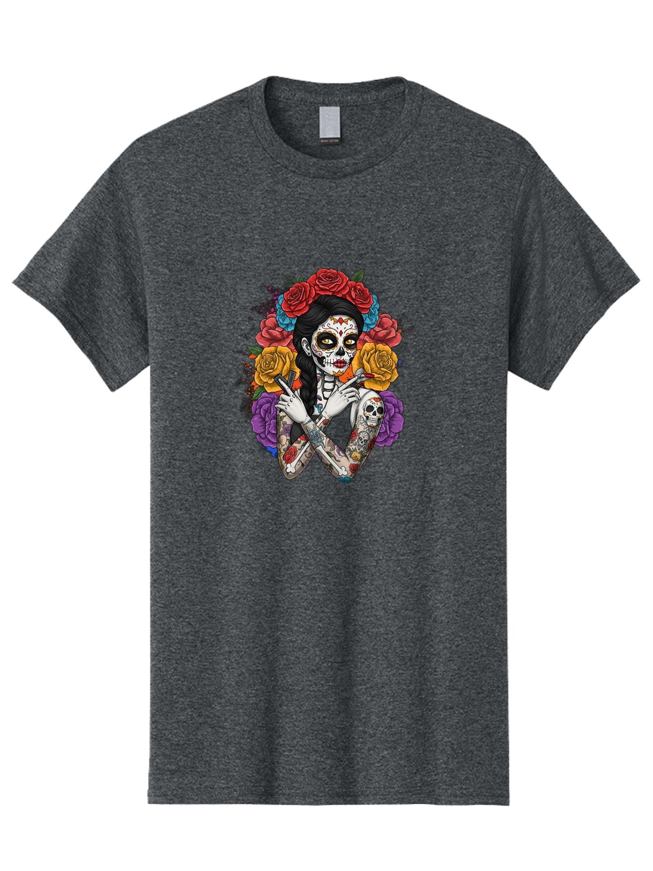 Sugar-Skull-Woman Men'S Graphic Tee, 100% Cotton, Comfortable Casual Summer Wear, Machine Washable, Sugar Skull, Day Of The Dead, Tattoo Art, Floral Crown, Roses, Skull Makeup, Vibrant Colors, Gothic Style, Feminine Beauty, Bad792