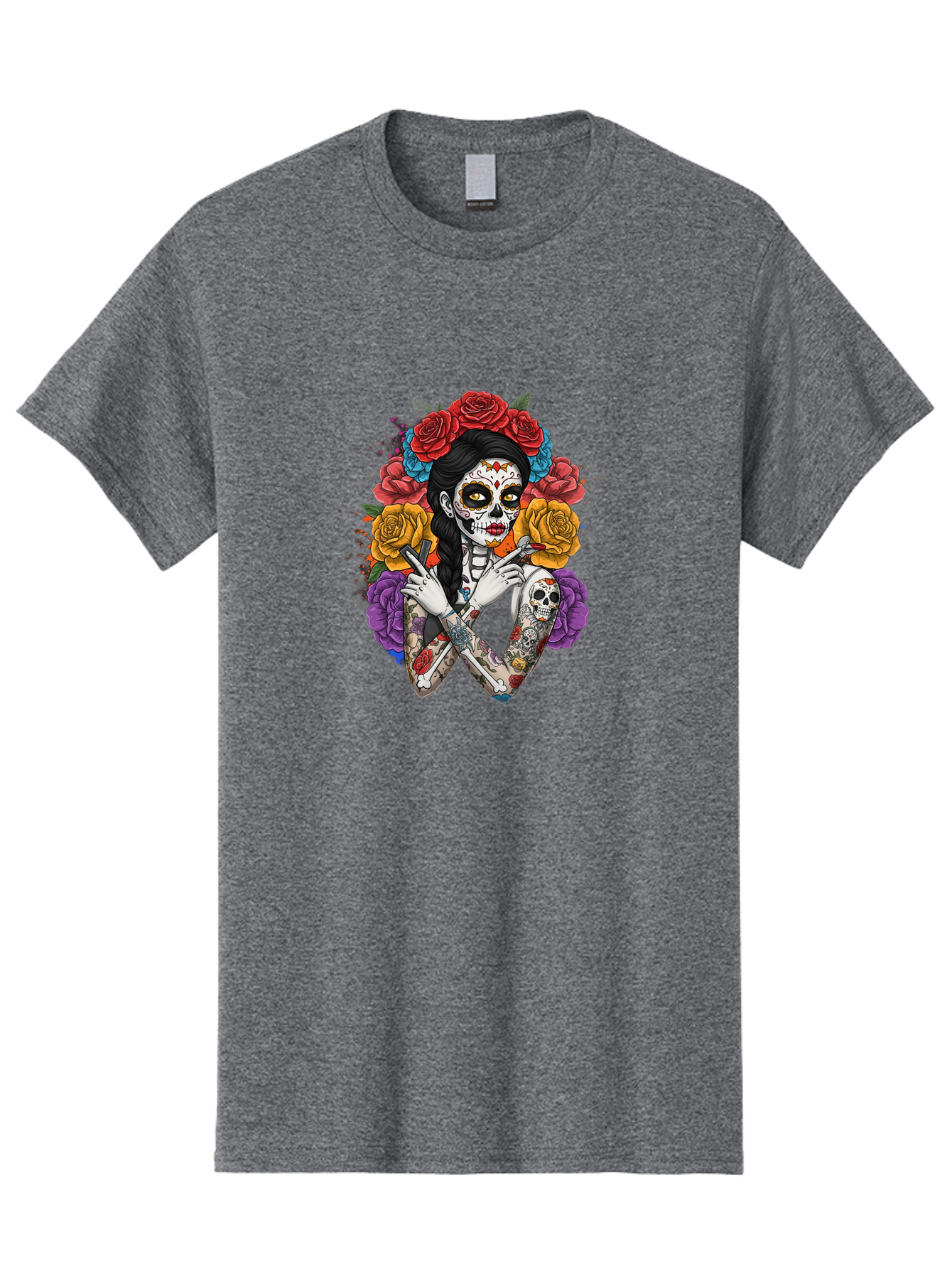 Sugar-Skull-Woman Men'S Graphic Tee, 100% Cotton, Comfortable Casual Summer Wear, Machine Washable, Sugar Skull, Day Of The Dead, Tattoo Art, Floral Crown, Roses, Skull Makeup, Vibrant Colors, Gothic Style, Feminine Beauty, Bad792 4