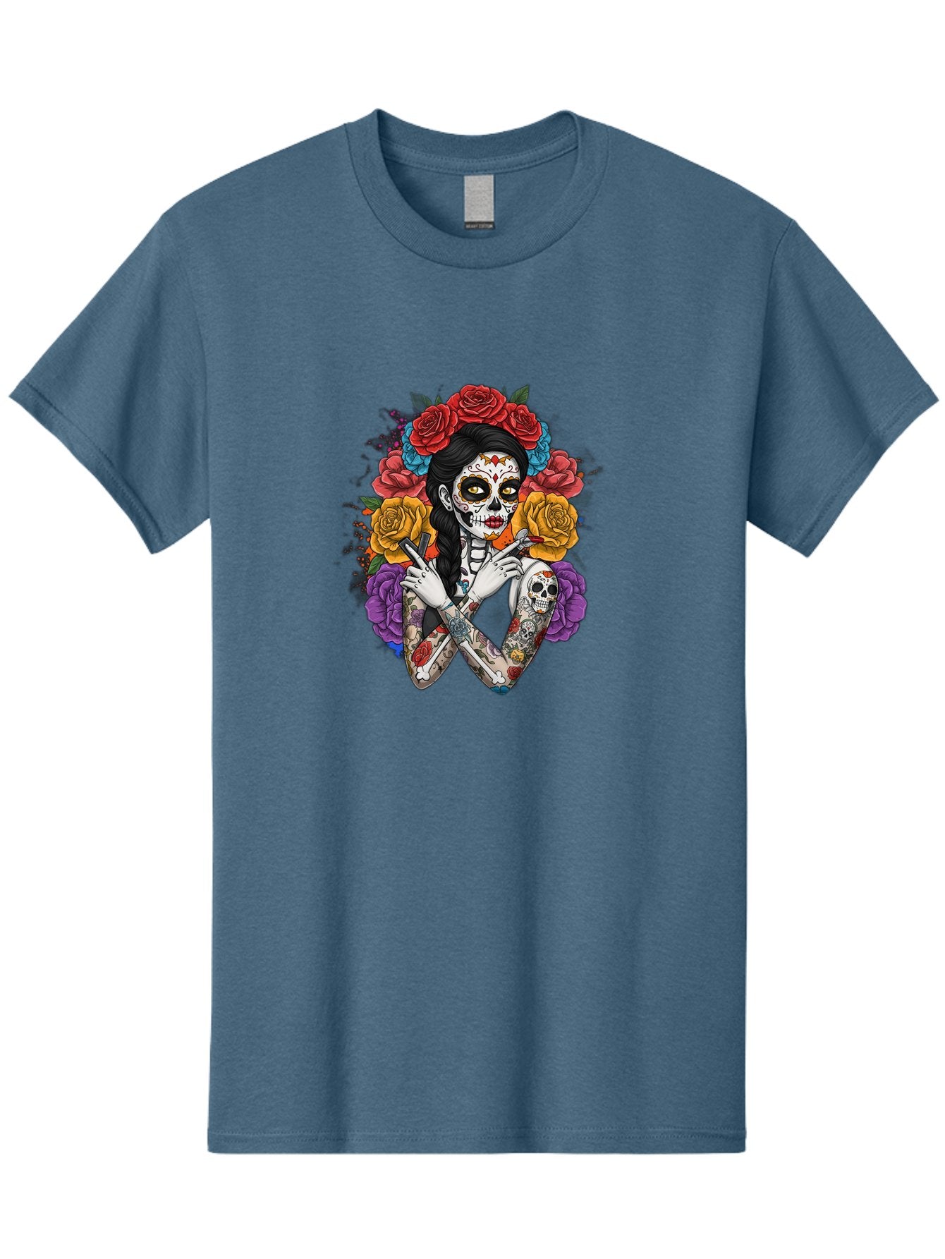 Sugar-Skull-Woman Men'S Graphic Tee, 100% Cotton, Comfortable Casual Summer Wear, Machine Washable, Sugar Skull, Day Of The Dead, Tattoo Art, Floral Crown, Roses, Skull Makeup, Vibrant Colors, Gothic Style, Feminine Beauty, Bad792 9